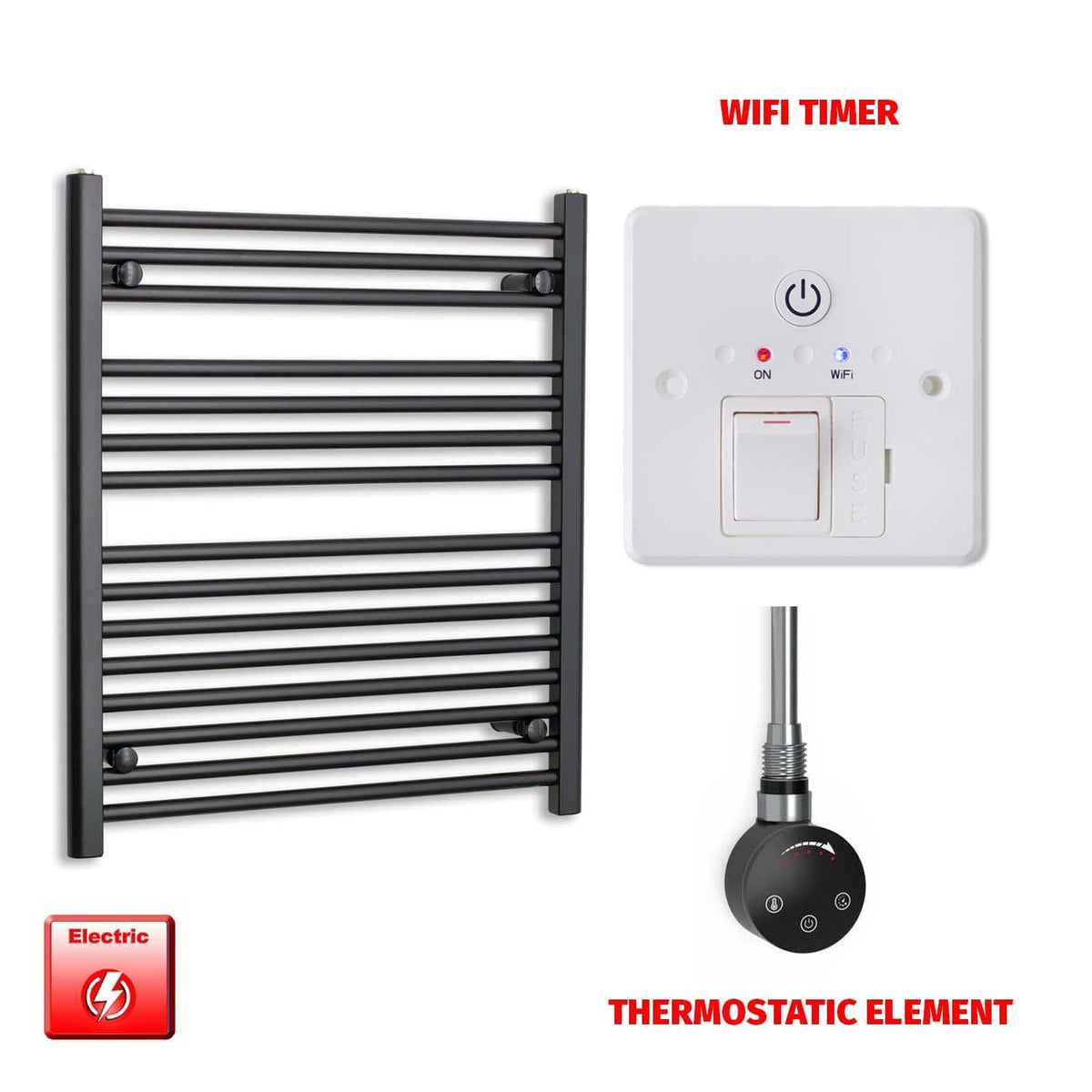 Thermostatic Element + Wifi Timer 700 x 800 Flat Black Pre-Filled Electric Heated Towel Rail HTR