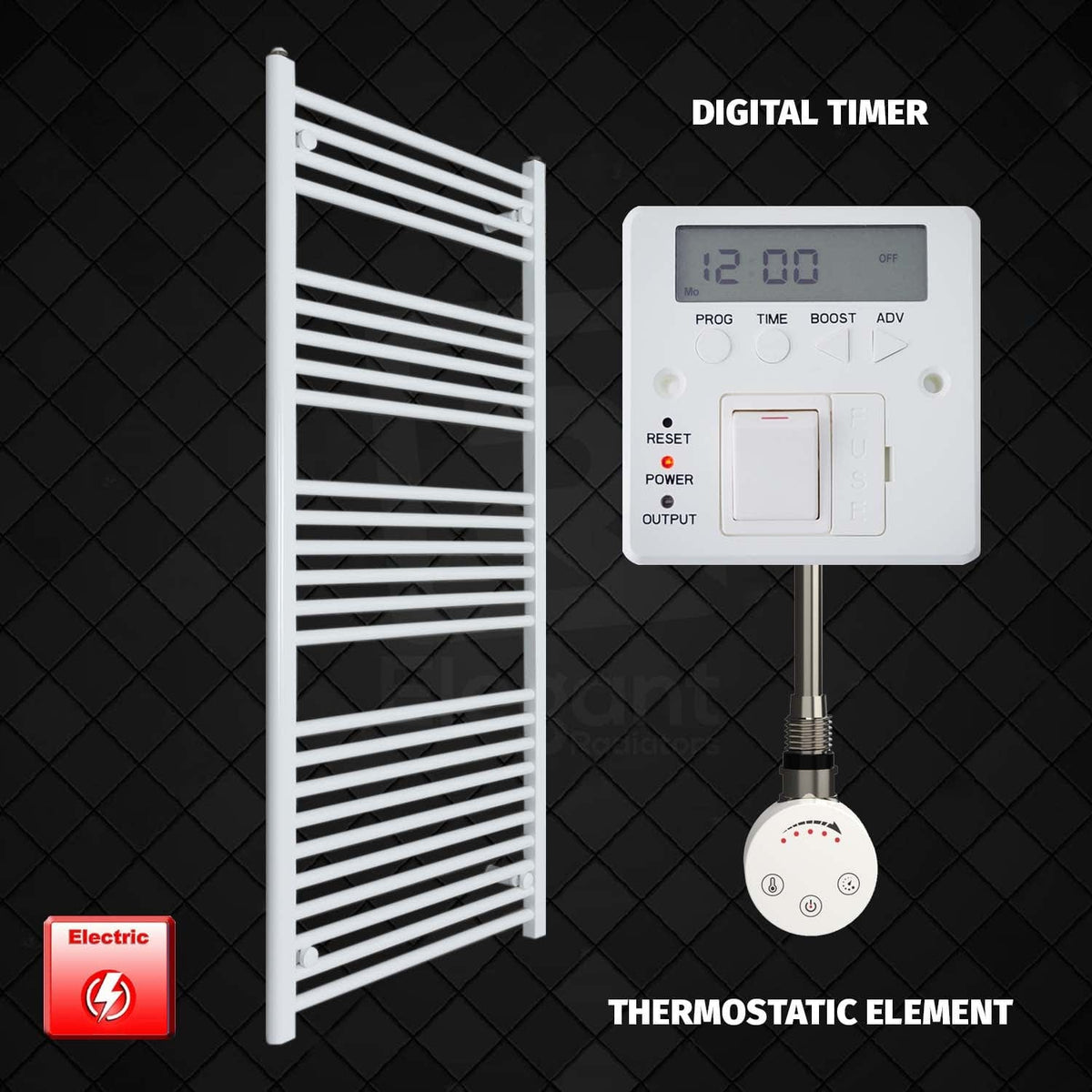 Thermostatic Element + Digital Timer 750 x 1400 Flat White Pre-Filled Electric Heated Towel Rail