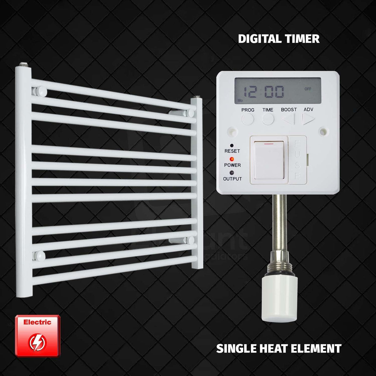 Single Heat Element + Digital Timer 750 x 600 Flat White Pre-Filled Electric Heated Towel Rail