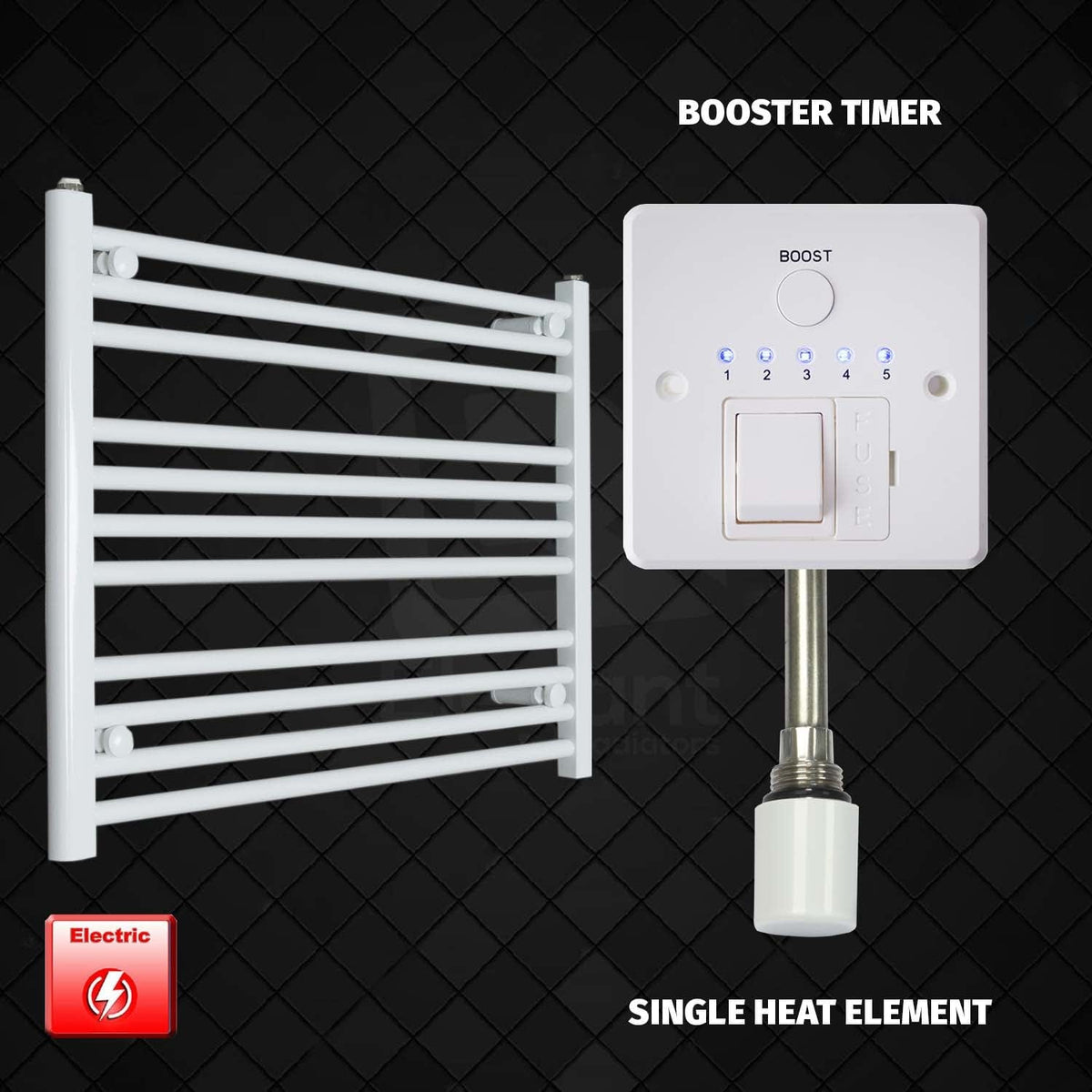 Single Heat Element + Booster Timer 750 x 600 Flat White Pre-Filled Electric Heated Towel Rail