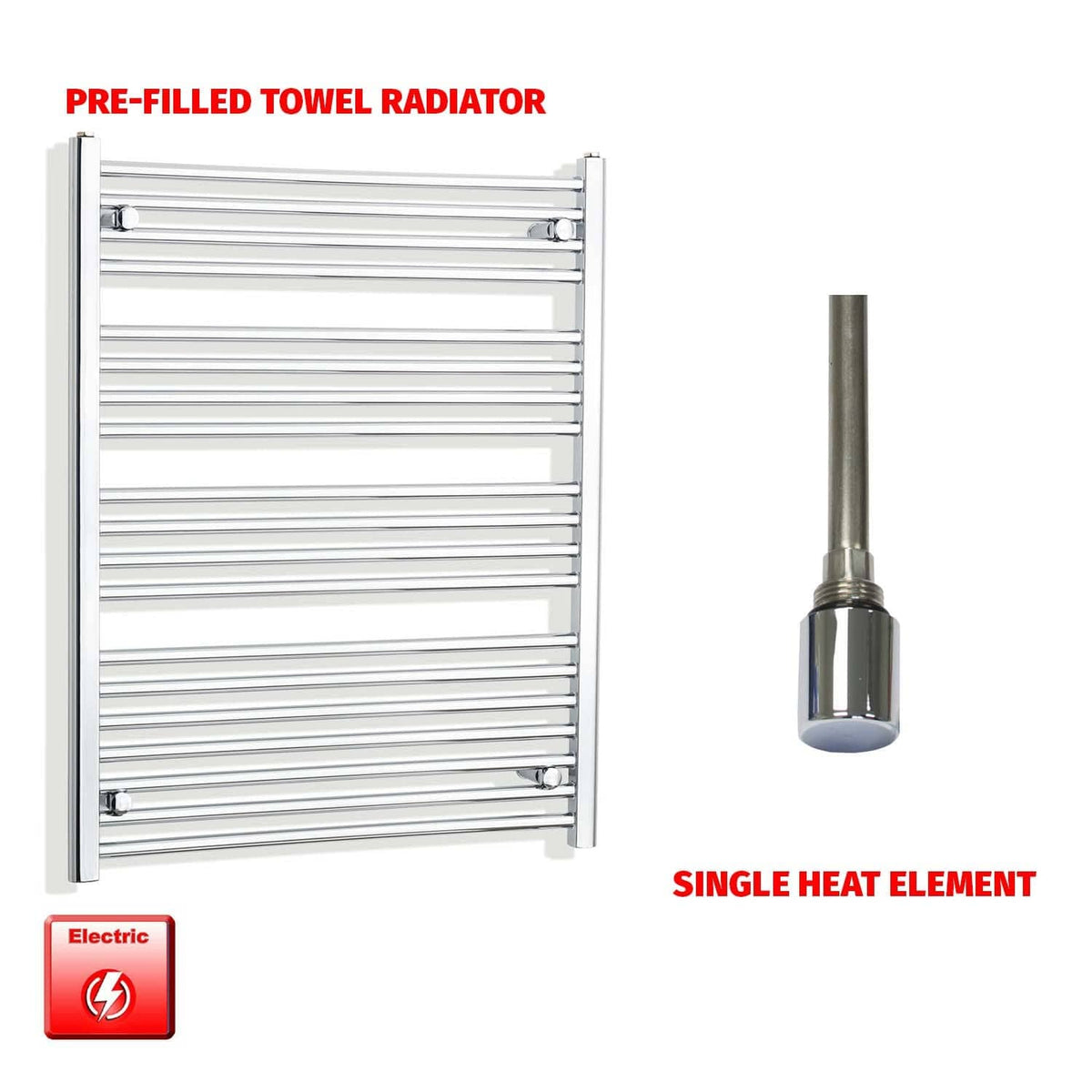Single Heat Element 800 x 1000 Flat Chrome Pre-Filled Electric Heated Towel Rail
