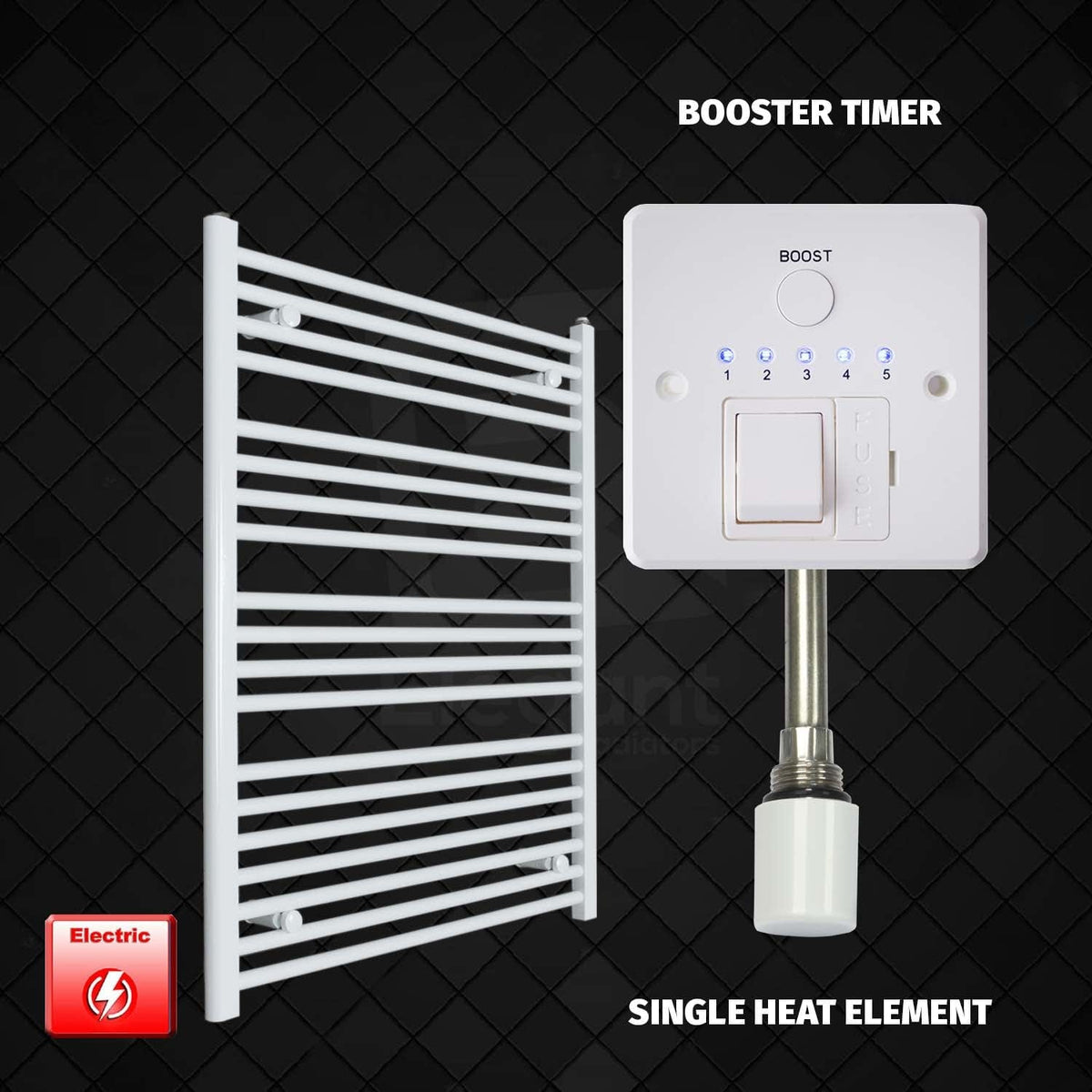 Single Heat Element + Booster Timer 800 x 1000 Flat White Pre-Filled Electric Heated Towel Rail