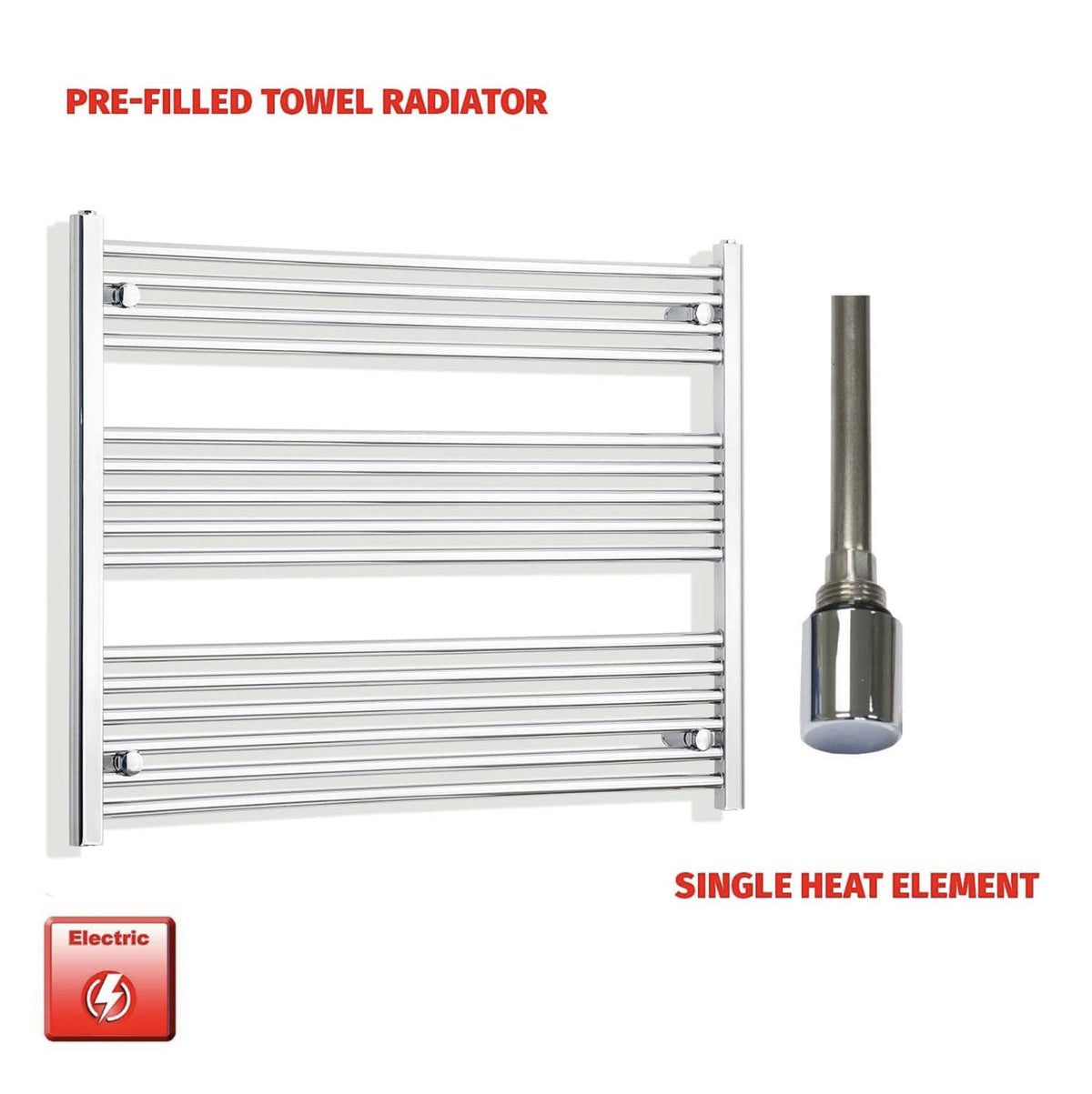 Pre-filled towel radiator with single heat element on a white background