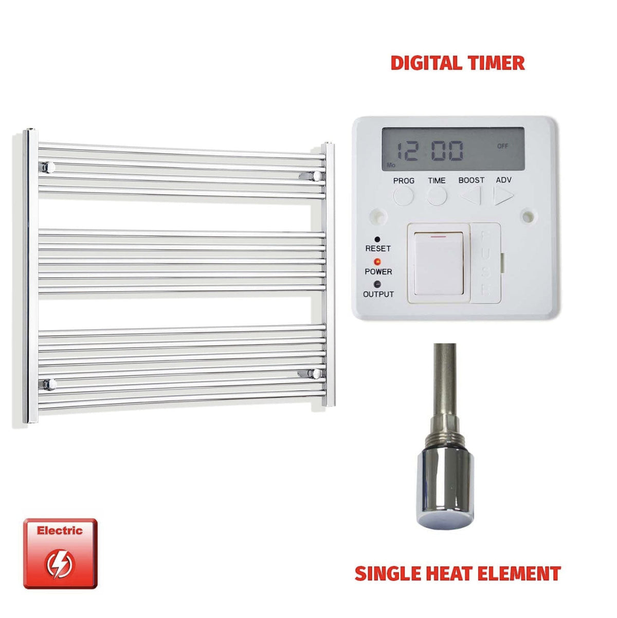 Electric towel radiator with digital timer and single heat element on a white background