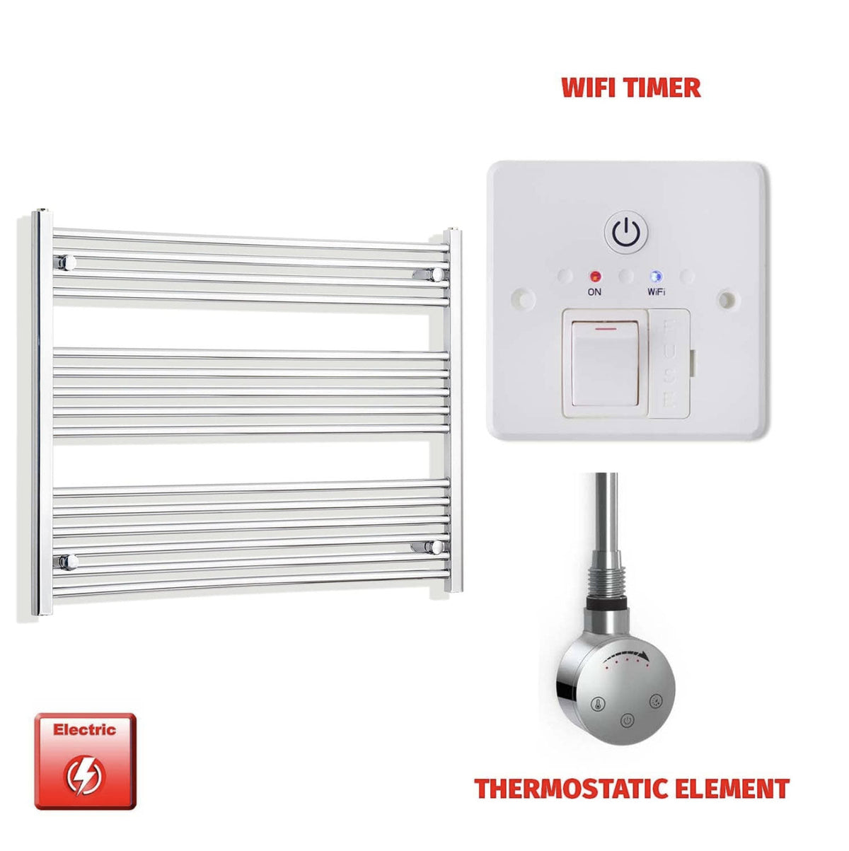Electric towel radiator with WiFi timer and thermostatic element on a white background