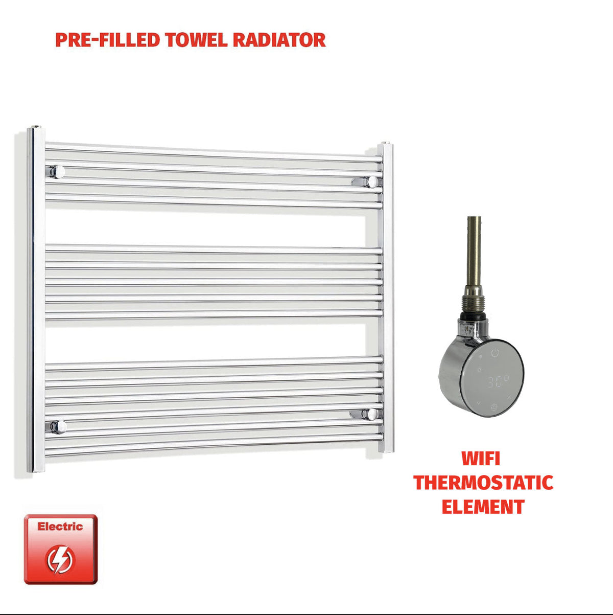 Pre-filled towel radiator with WiFi thermostatic element on a white background