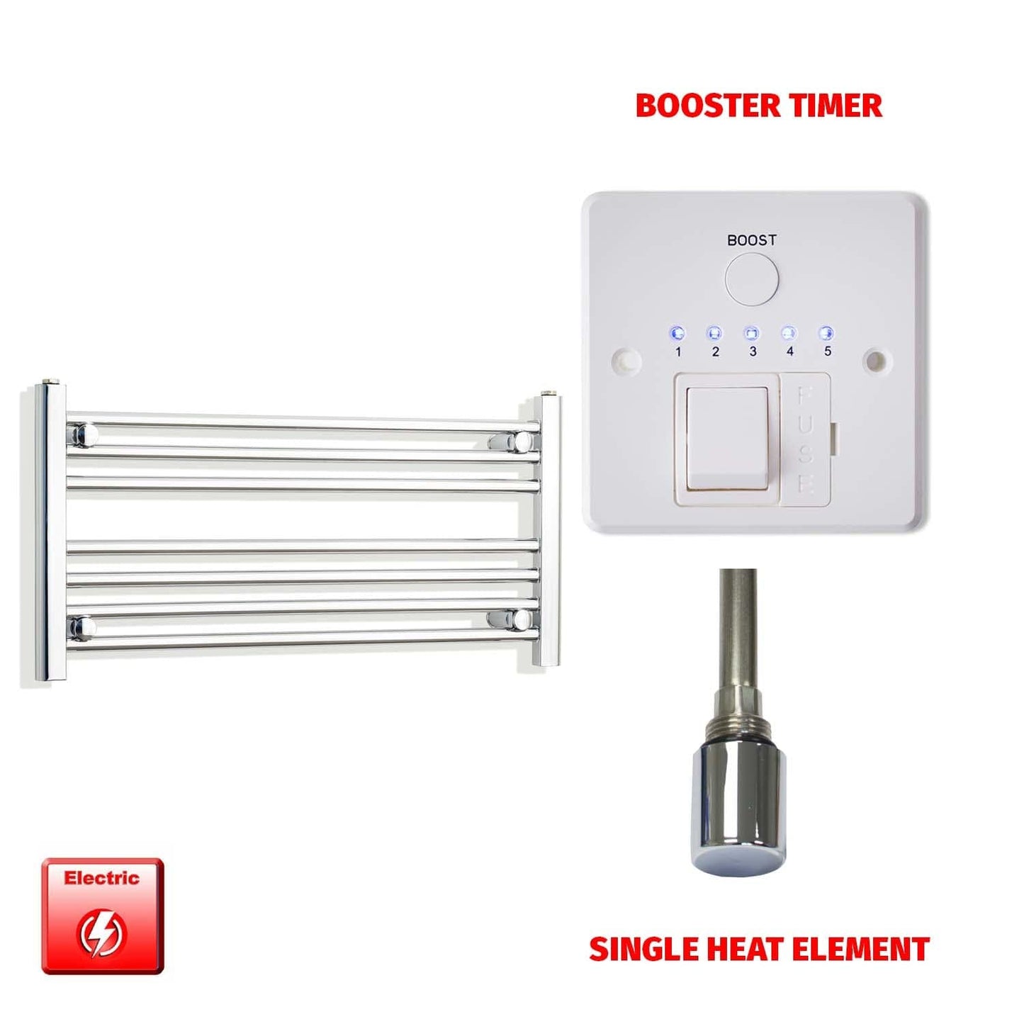 Single Heat Element + Booster Timer 800 x 400 Flat Chrome Pre-Filled Electric Heated Towel Rail