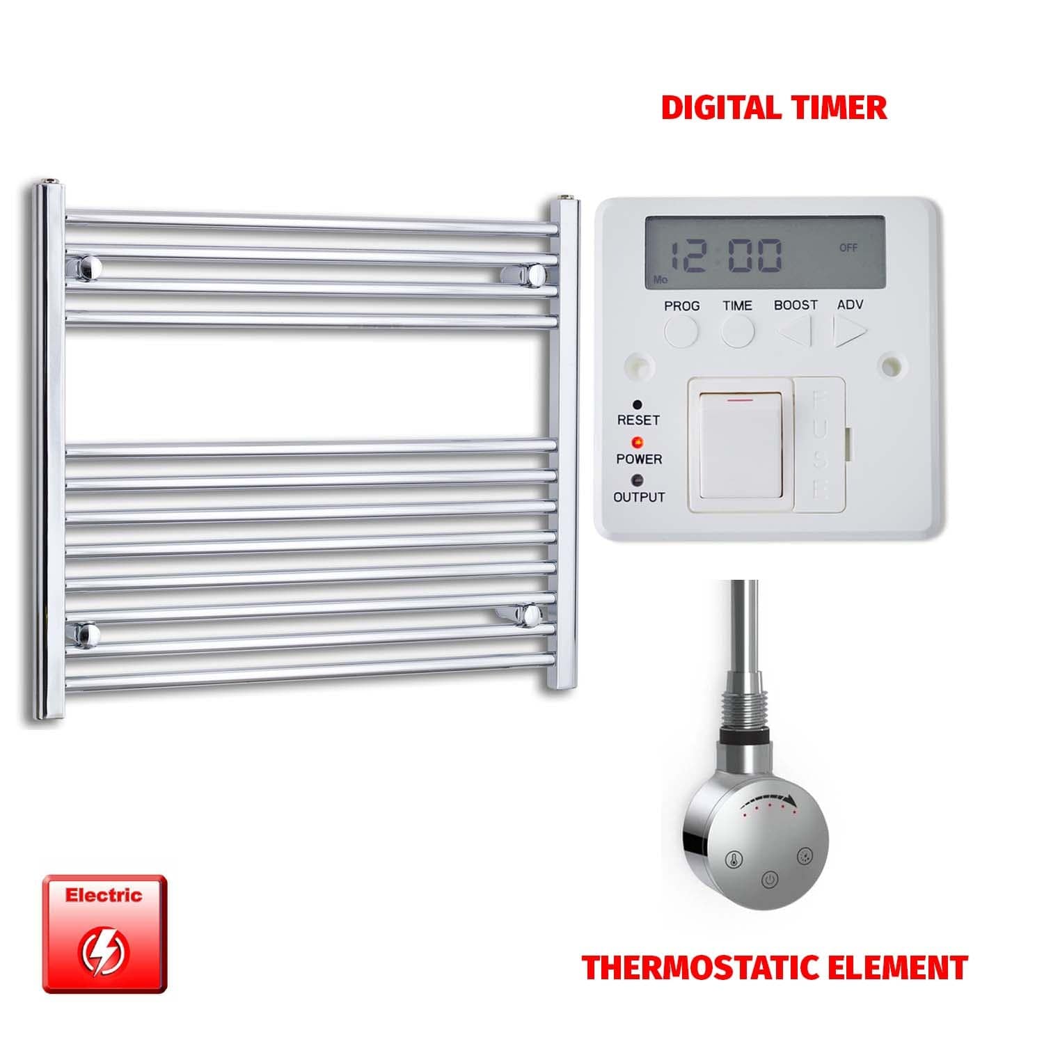 Thermostatic Element + Digital Timer 800 x 700 Flat Chrome Pre-Filled Electric Heated Towel Rail Radiator HTR