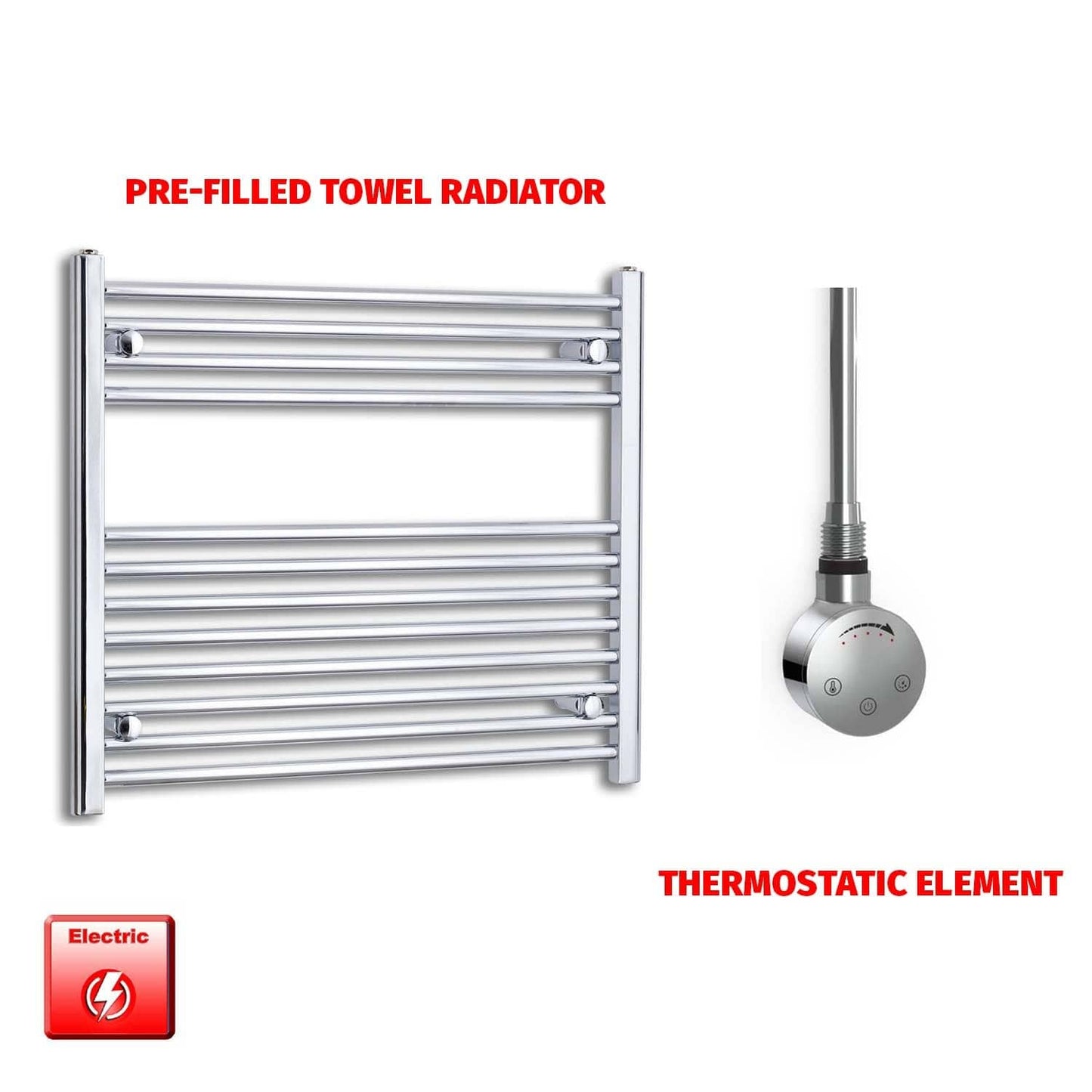 Thermostatic Element 800 x 700 Flat Chrome Pre-Filled Electric Heated Towel Rail Radiator HTR