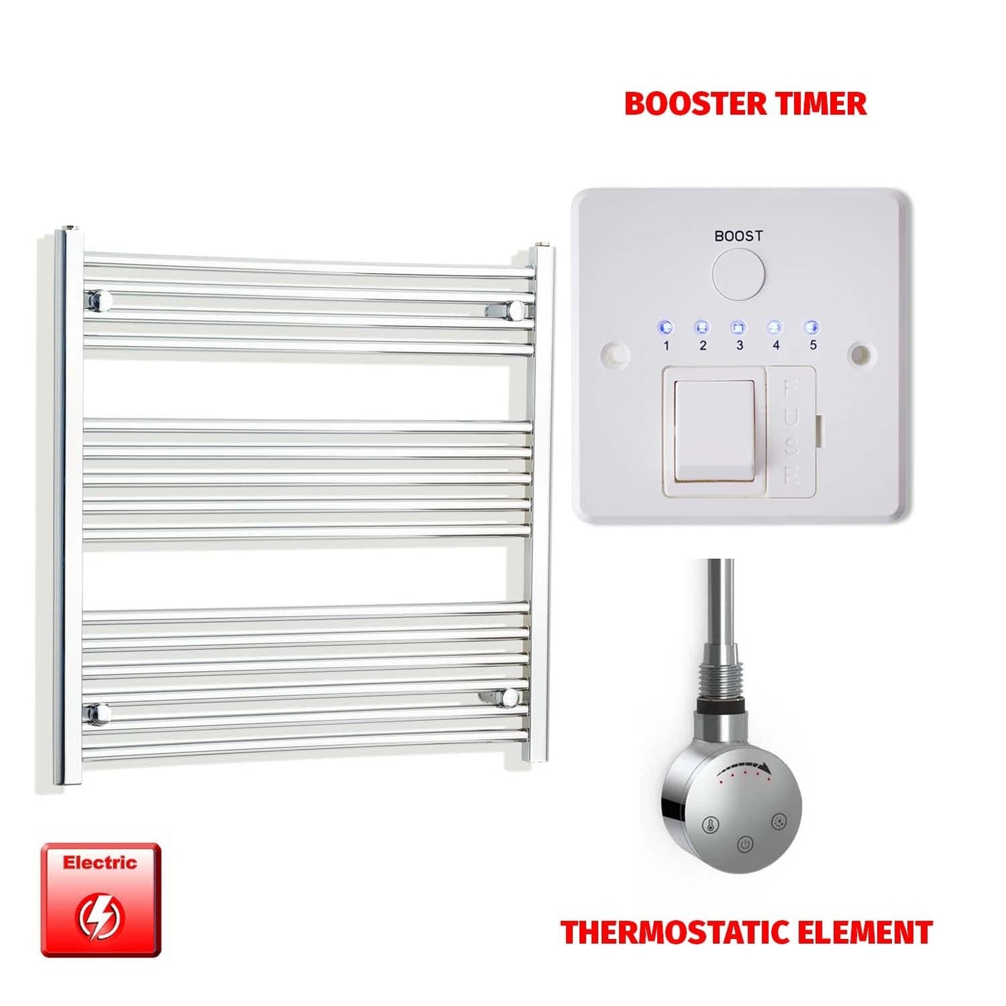 Thermostatic Element + Booster Timer 800 x 800 Flat Chrome Pre-Filled Electric Heated Towel Rail