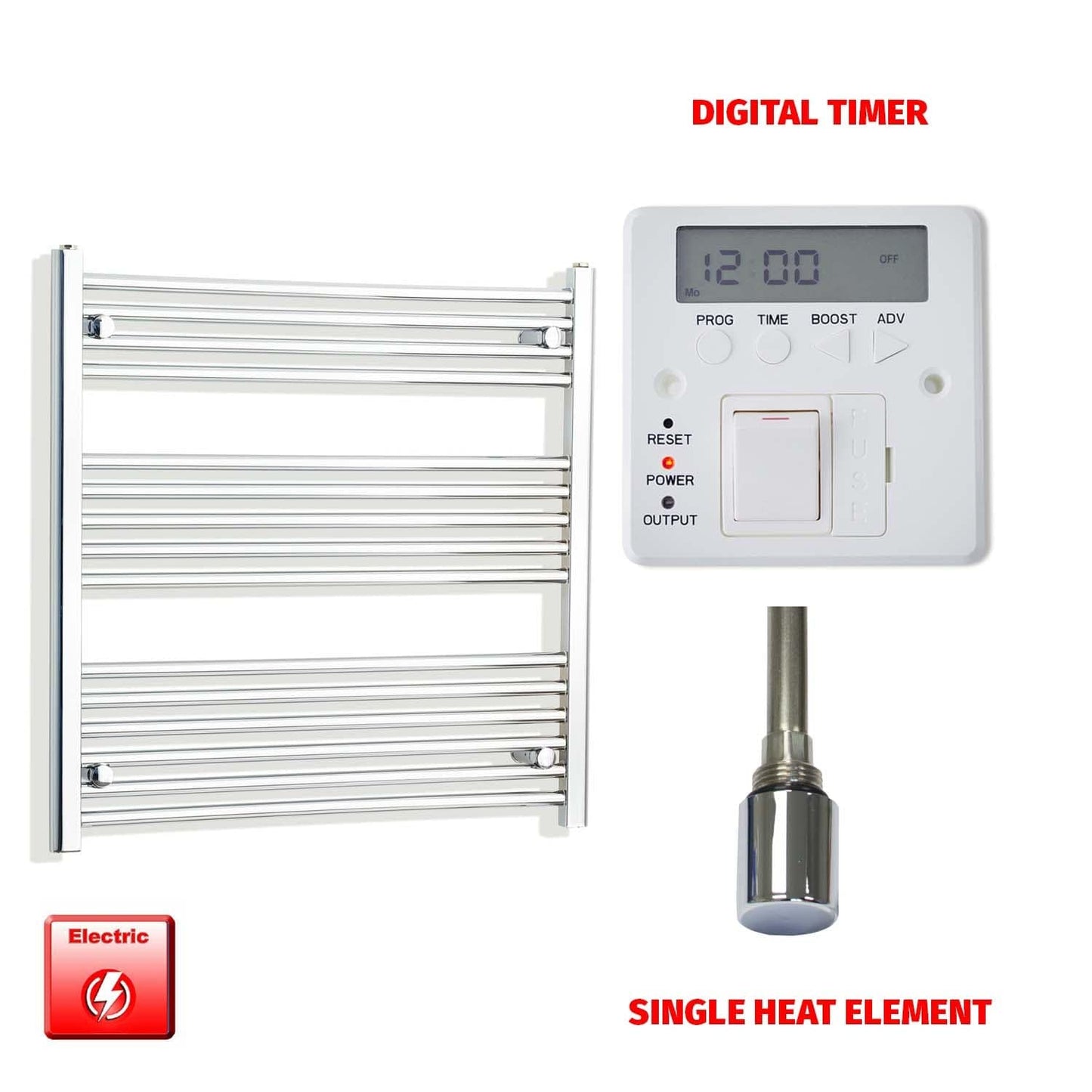 Single Heat Element + Digital Timer 800 x 800 Flat Chrome Pre-Filled Electric Heated Towel Rail