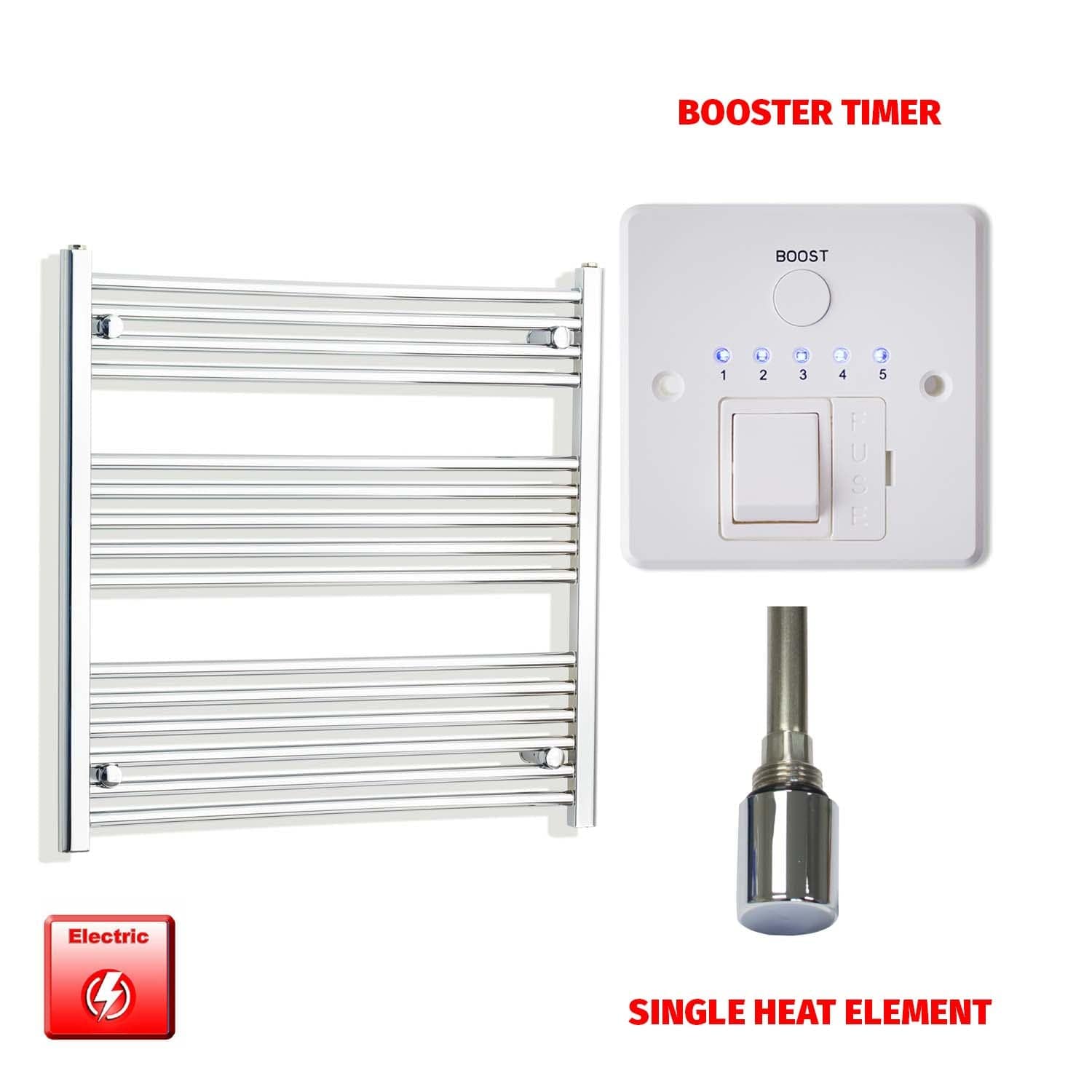 Single Heat Element + Booster Timer 800 x 800 Flat Chrome Pre-Filled Electric Heated Towel Rail