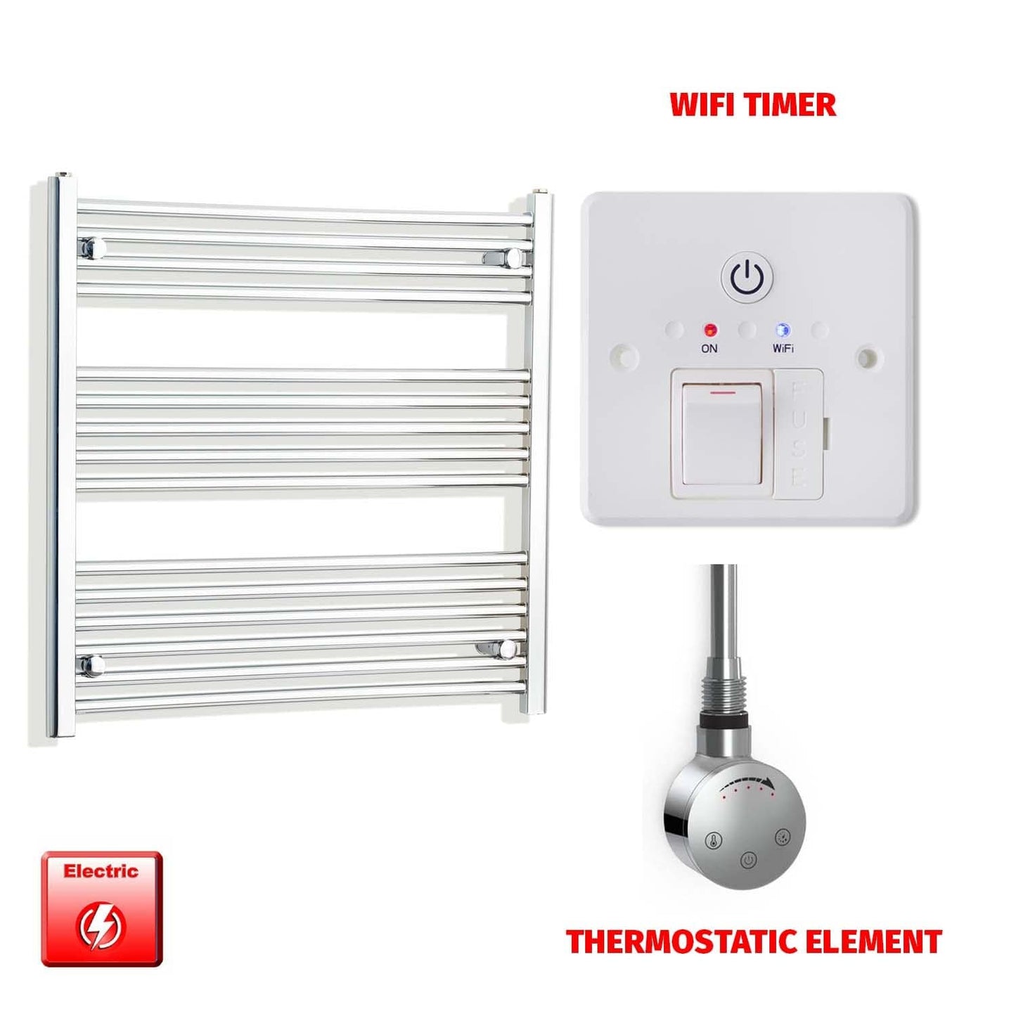 Thermostatic Element + Wifi Timer 800 x 800 Flat Chrome Pre-Filled Electric Heated Towel Rail