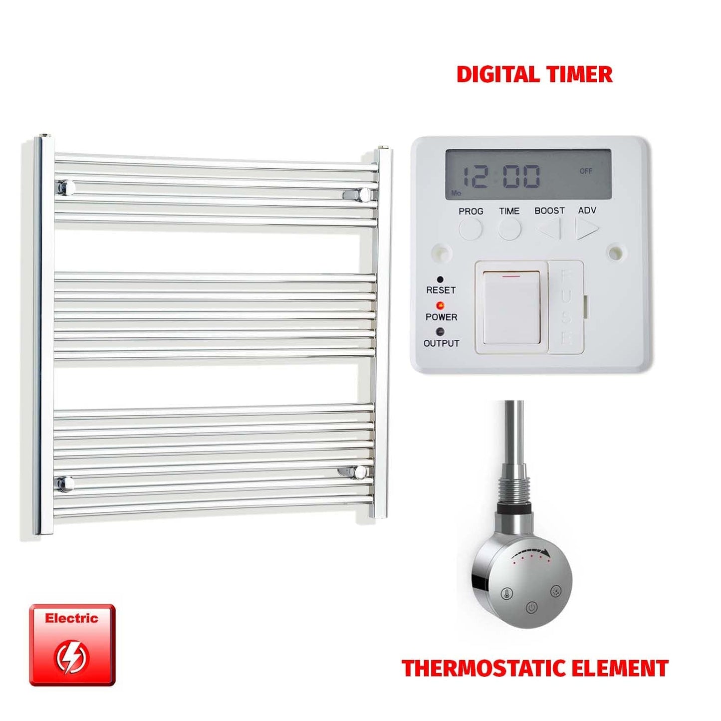 Thermostatic Element + Digital Timer 800 x 800 Flat Chrome Pre-Filled Electric Heated Towel Rail