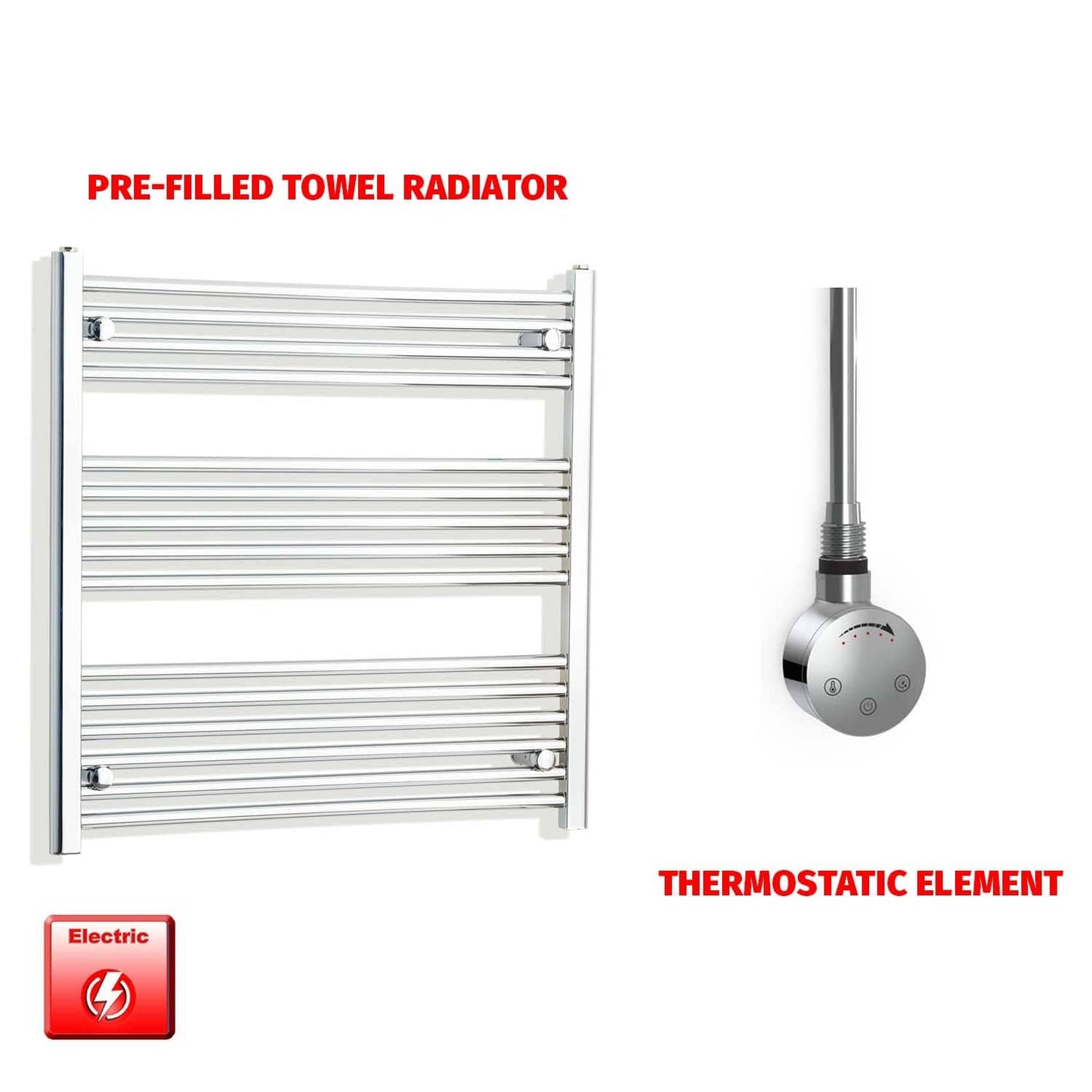 Thermostatic Element 800 x 800 Flat Chrome Pre-Filled Electric Heated Towel Rail