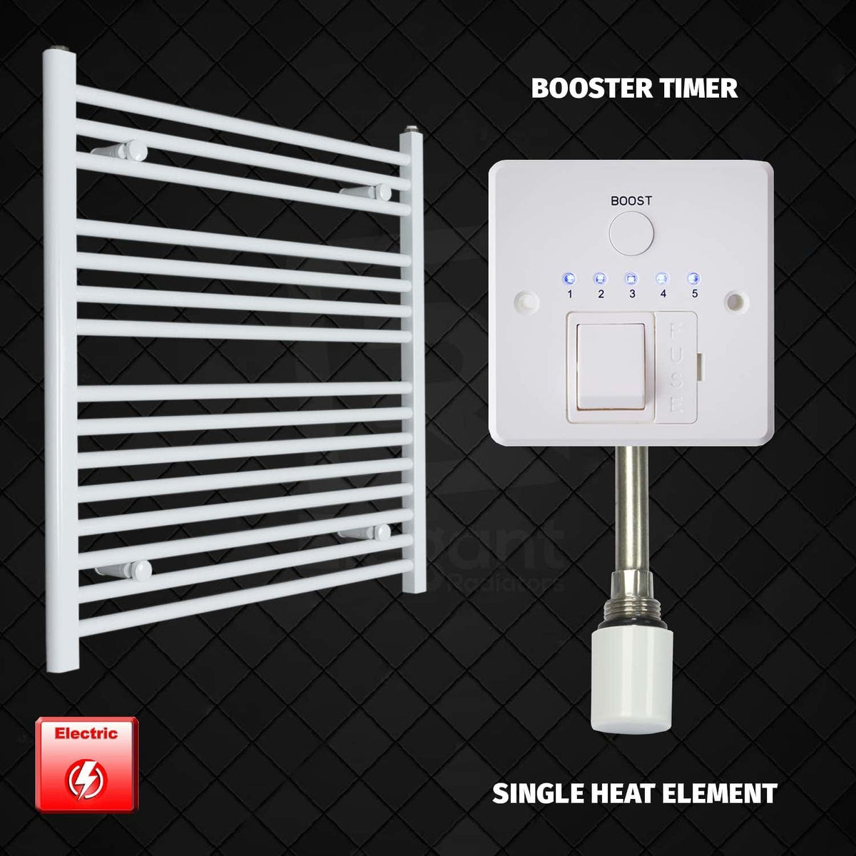 Single Heat Element + Booster Timer 800 x 800 Flat White Pre-Filled Electric Heated Towel Rail