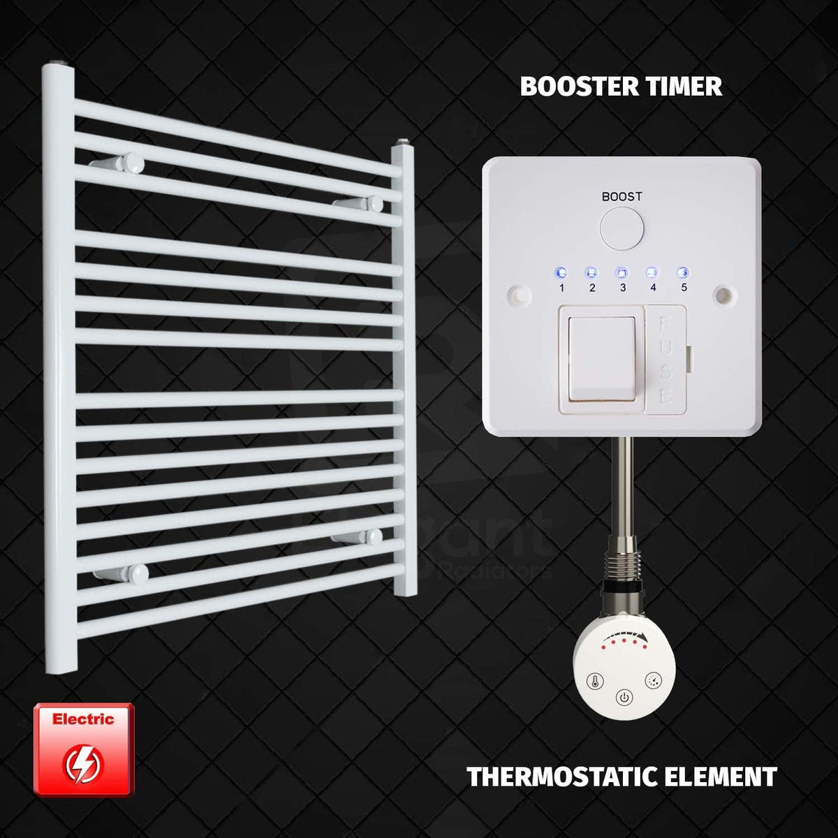 Thermostatic Element + Booster Timer 800 x 800 Flat White Pre-Filled Electric Heated Towel Rail