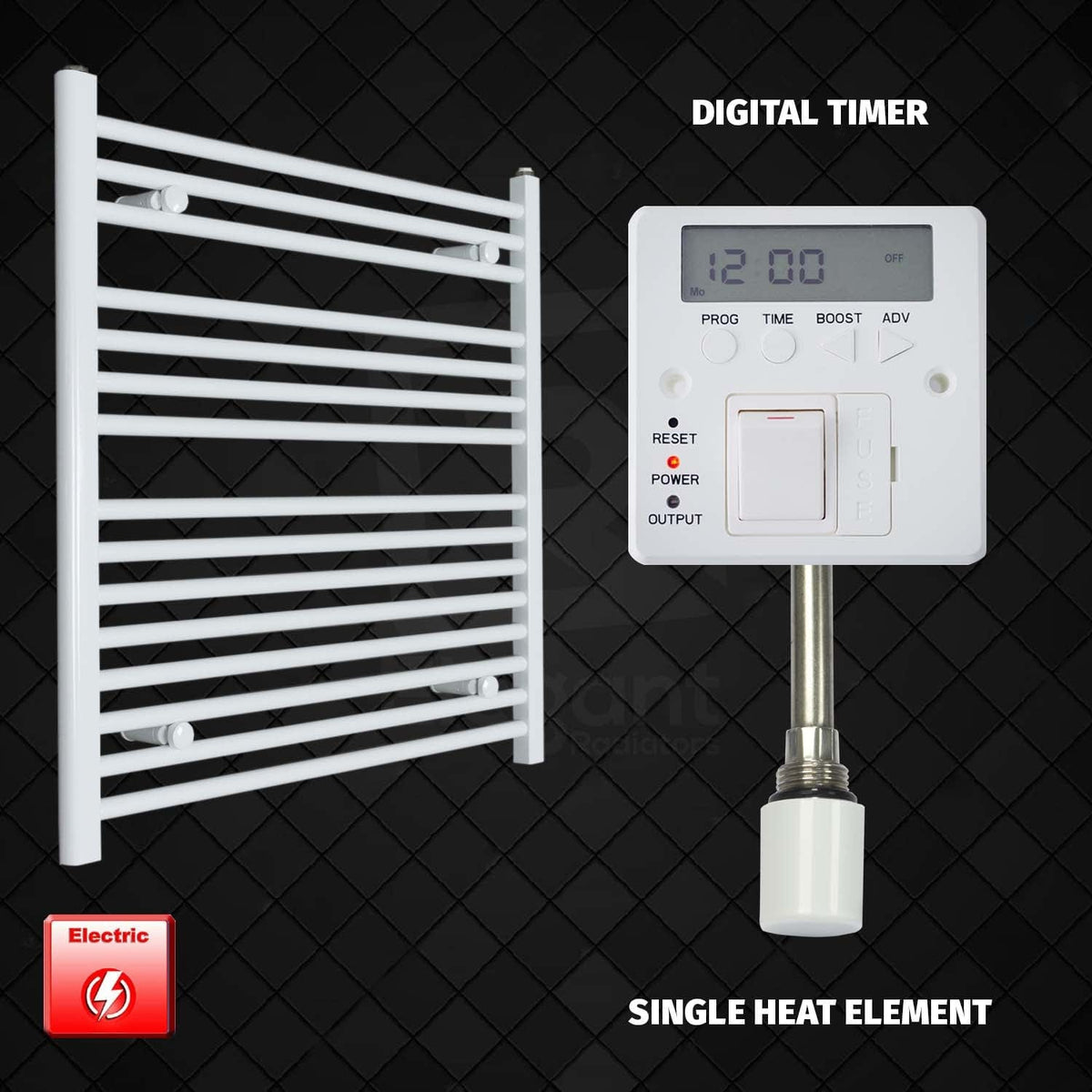 Single Heat Element + Digital Timer 800 x 800 Flat White Pre-Filled Electric Heated Towel Rail