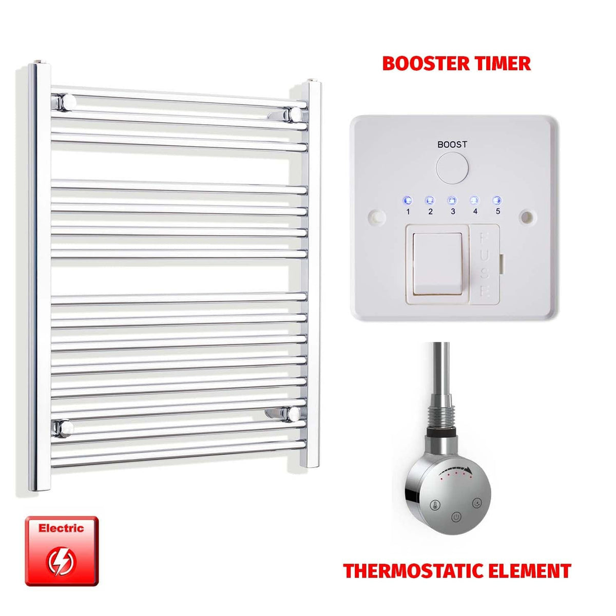 Thermostatic Element + Booster Timer 800mm High 550mm Pre-Filled Electric Towel Rail Radiator