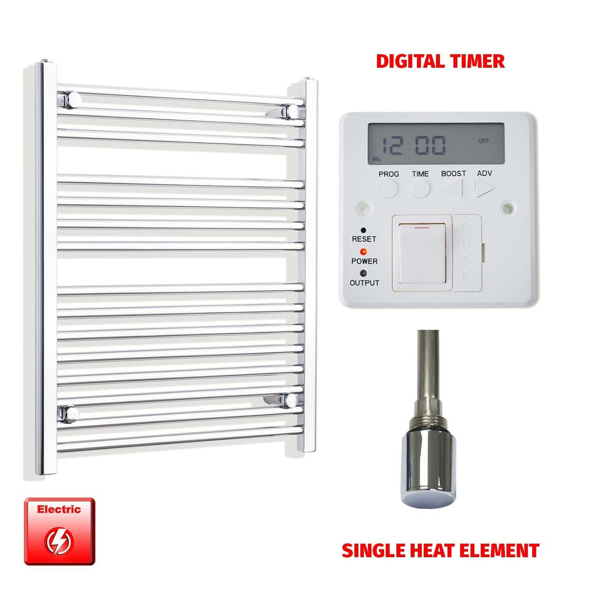Single Heat Element + Digital Timer 800mm High 550mm Pre-Filled Electric Towel Rail Radiator