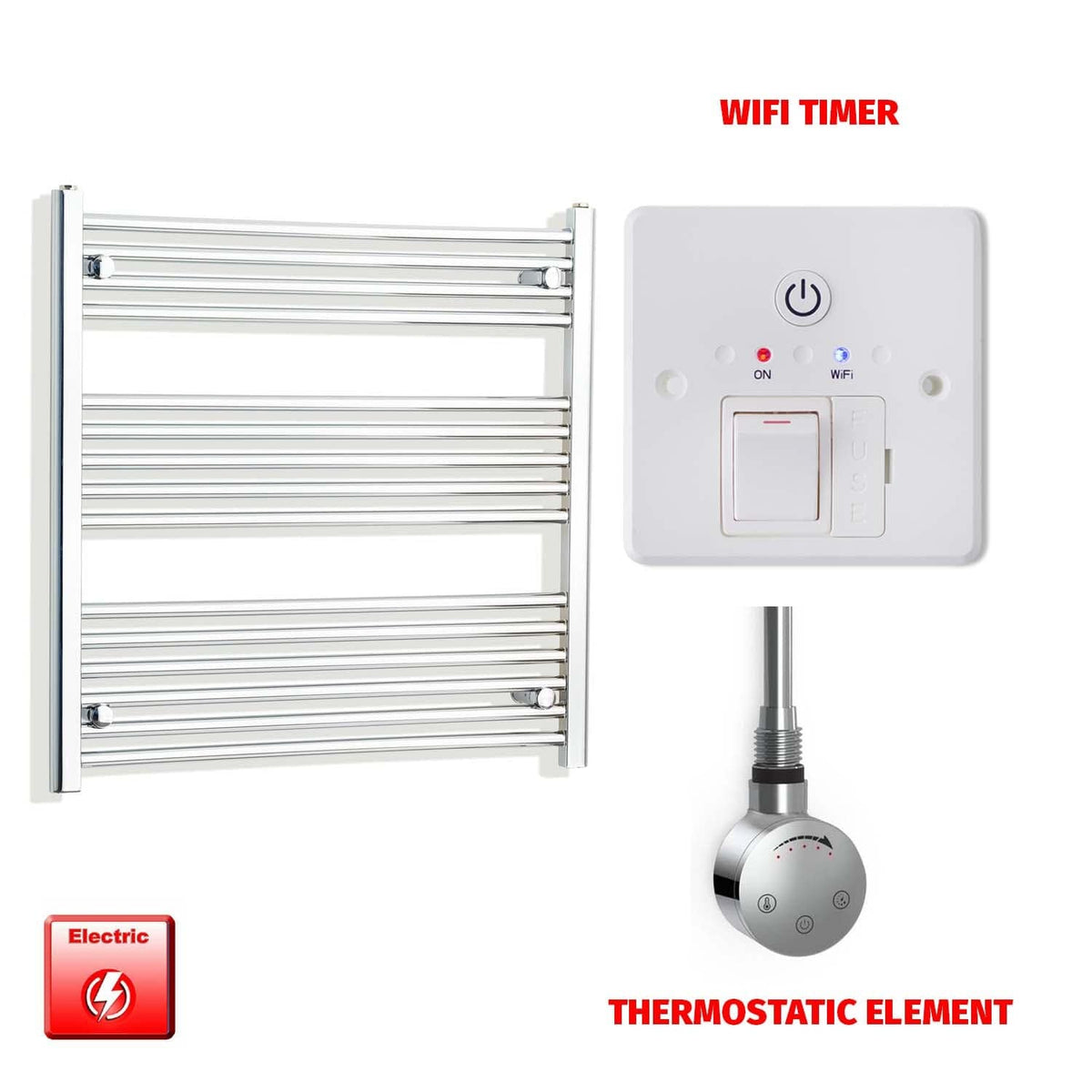 Thermostatic Element + Wifi Timer 850 x 800 Flat Chrome Pre-Filled Electric Heated Towel Rail