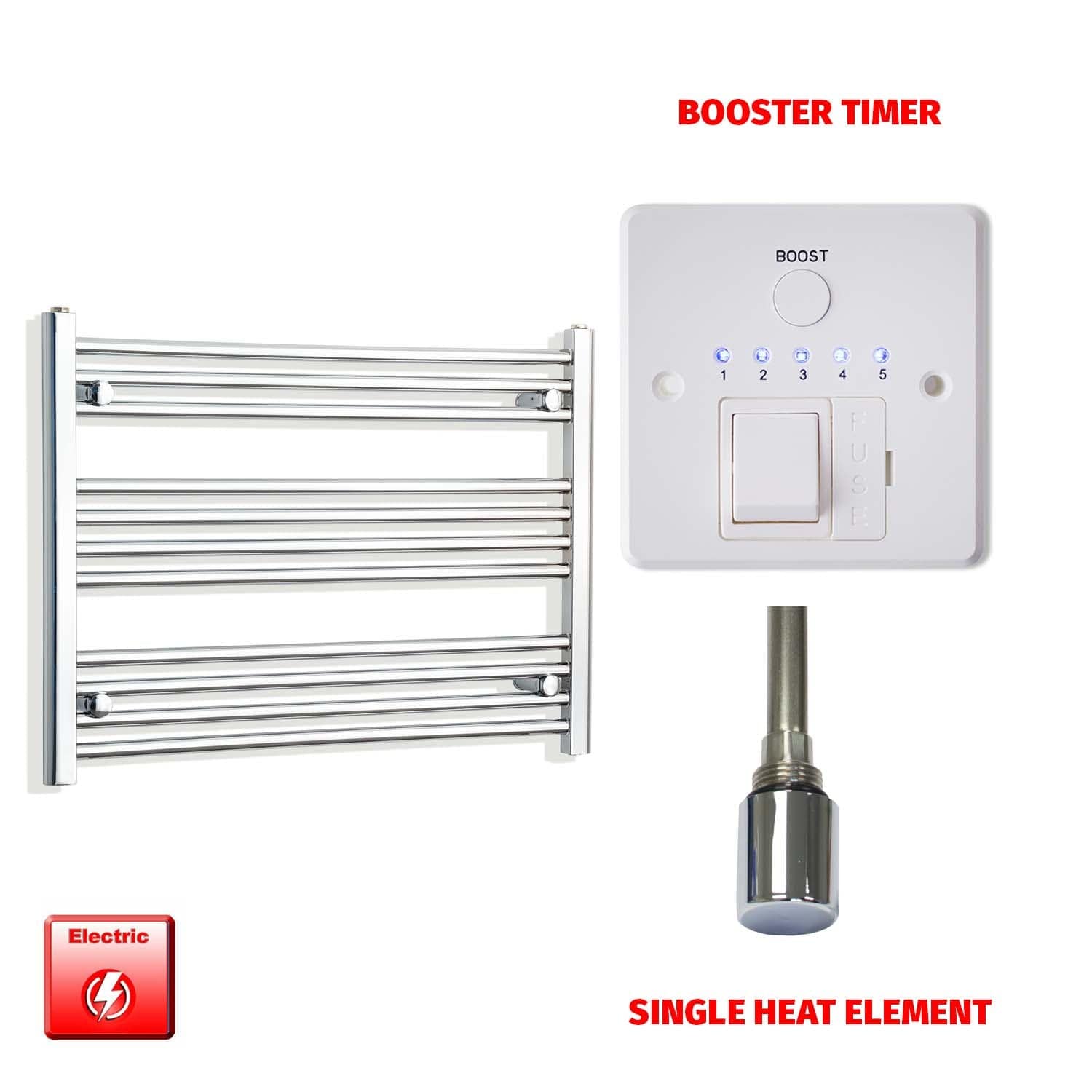 Single Heat Element + Booster Timer 900 x 600 Flat Chrome Pre-Filled Electric Heated Towel Rail