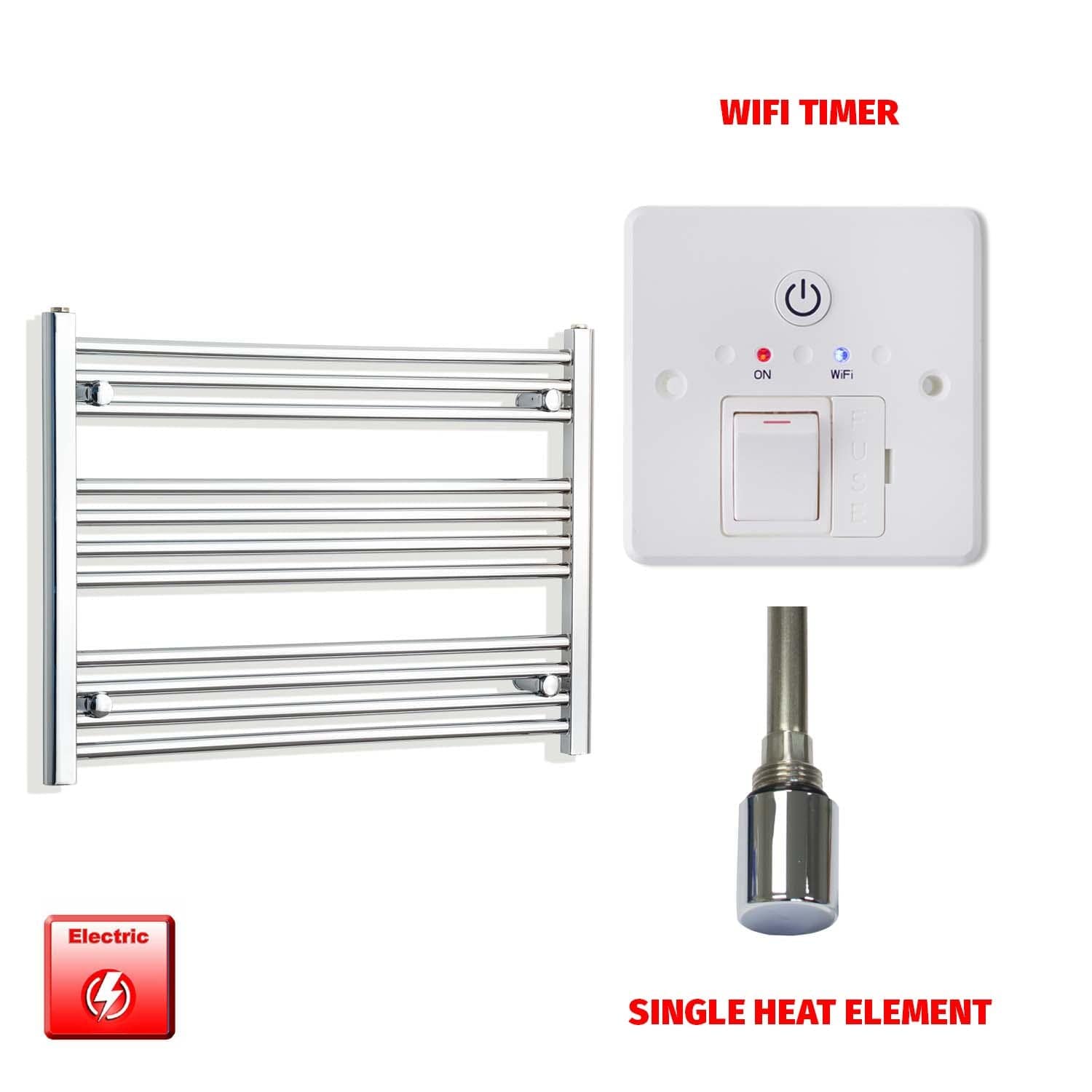 Single Heat Element + Wifi Timer 900 x 600 Flat Chrome Pre-Filled Electric Heated Towel Rail