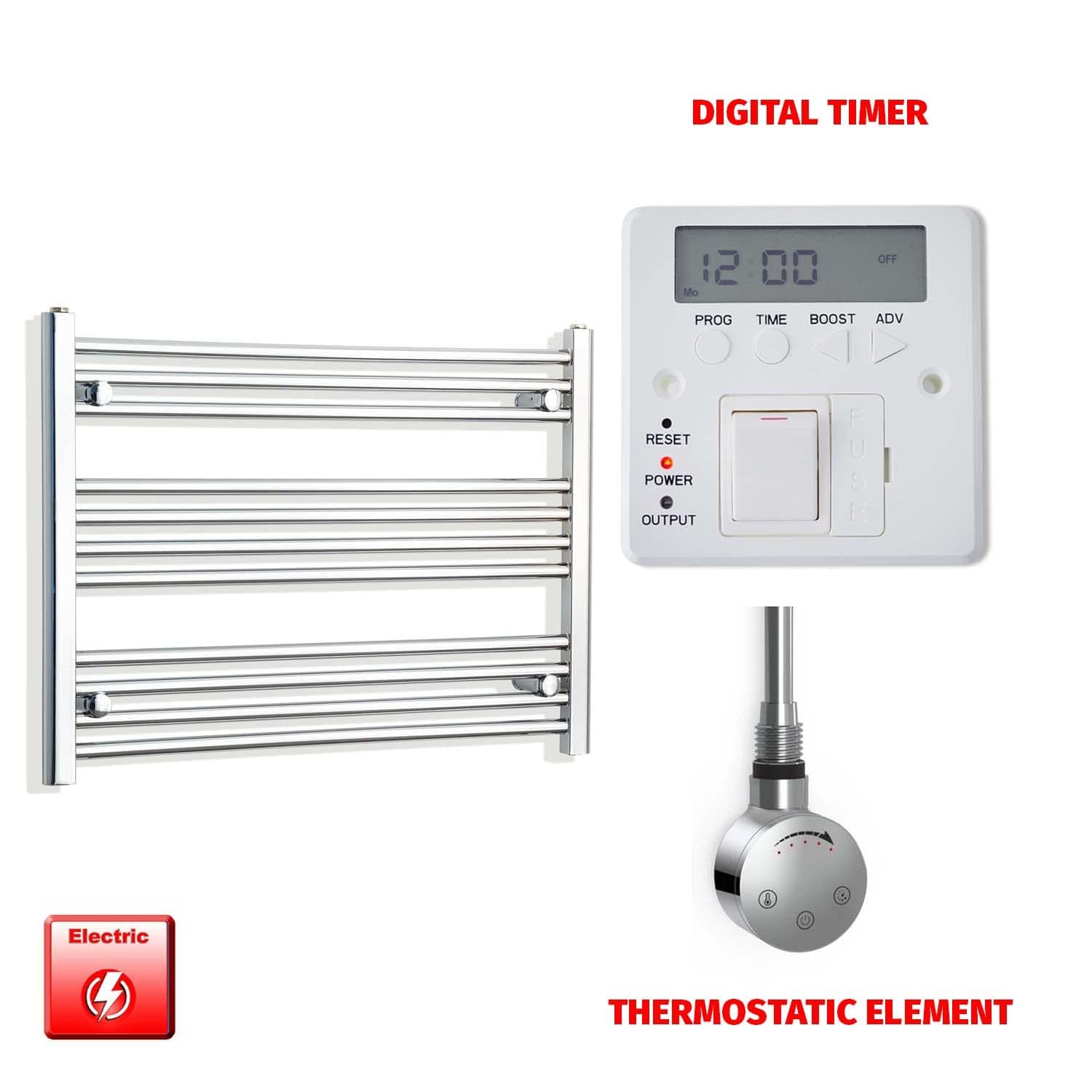 Thermostatic Element + Digital Timer 900 x 600 Flat Chrome Pre-Filled Electric Heated Towel Rail