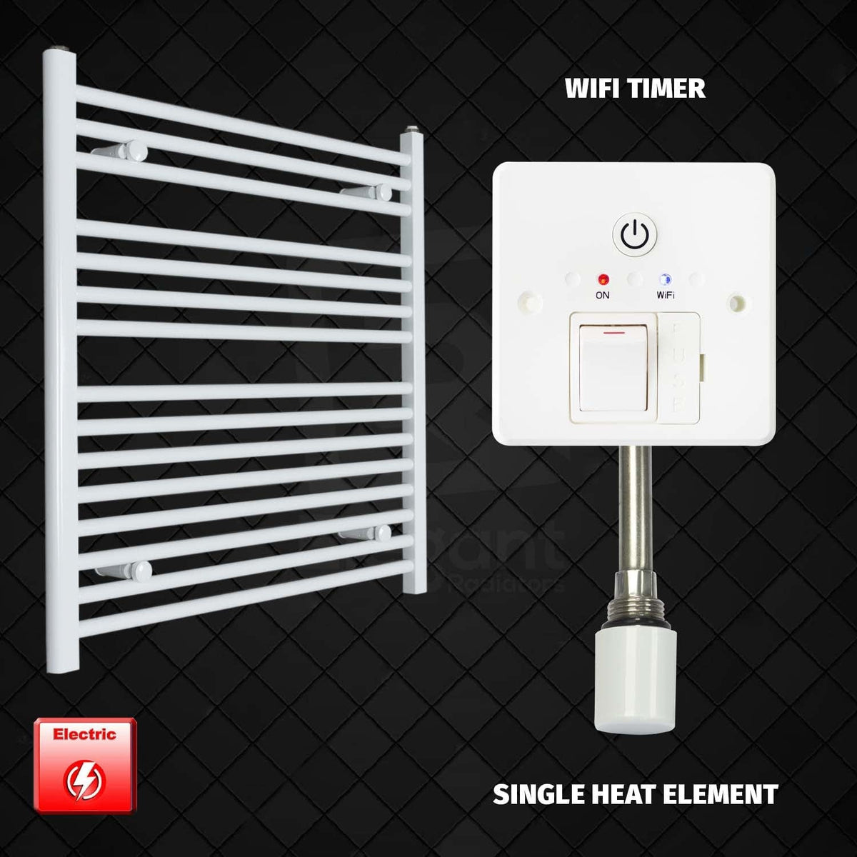 Single Heat Element + Wifi Timer 900 x 800 Flat White Pre-Filled Electric Heated Towel Rail