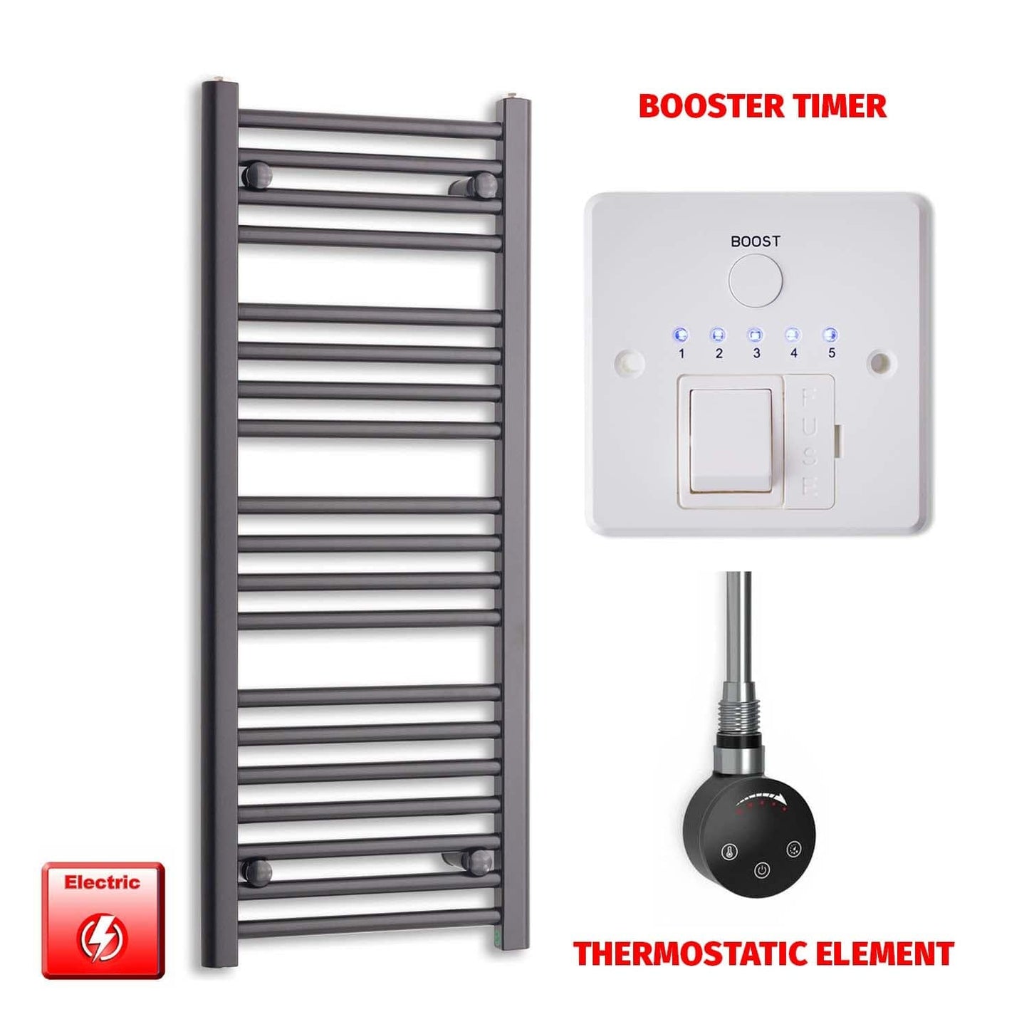 Thermostatic Element + Booster Timer Flat Black Pre-Filled Electric Heated Towel Rail 1000 x 400