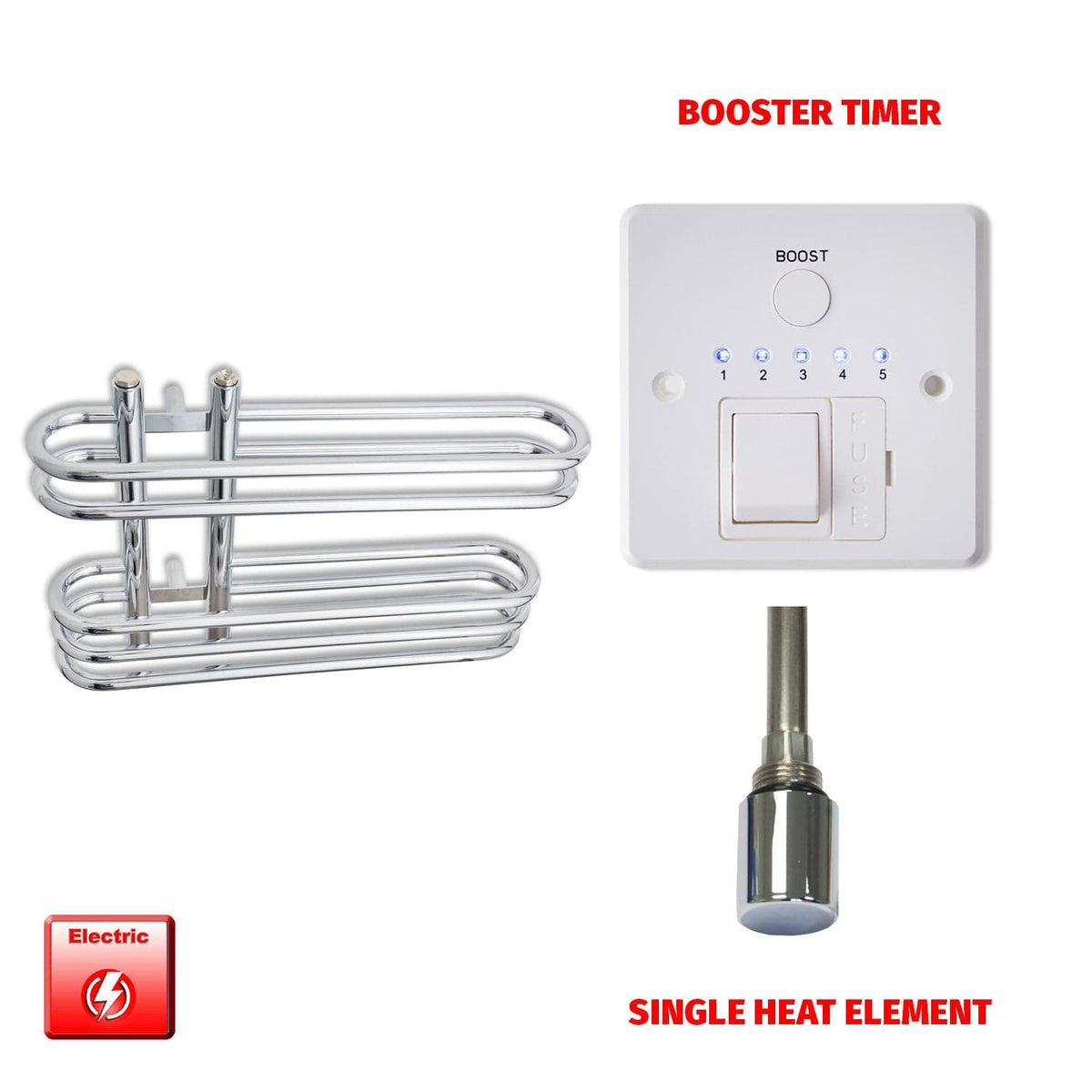 Single Heat Element + Booster Timer Salina 600 x 400 Pre-Filled Electric Chrome Towel Radiator