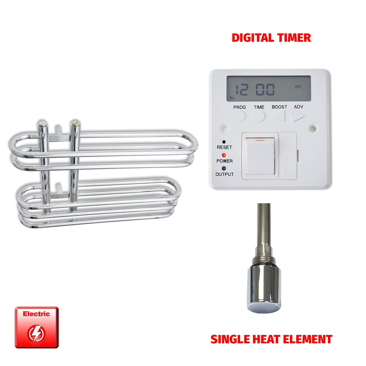 Single Heat Element + Digital Timer Salina 600 x 400 Pre-Filled Electric Chrome Towel Radiator