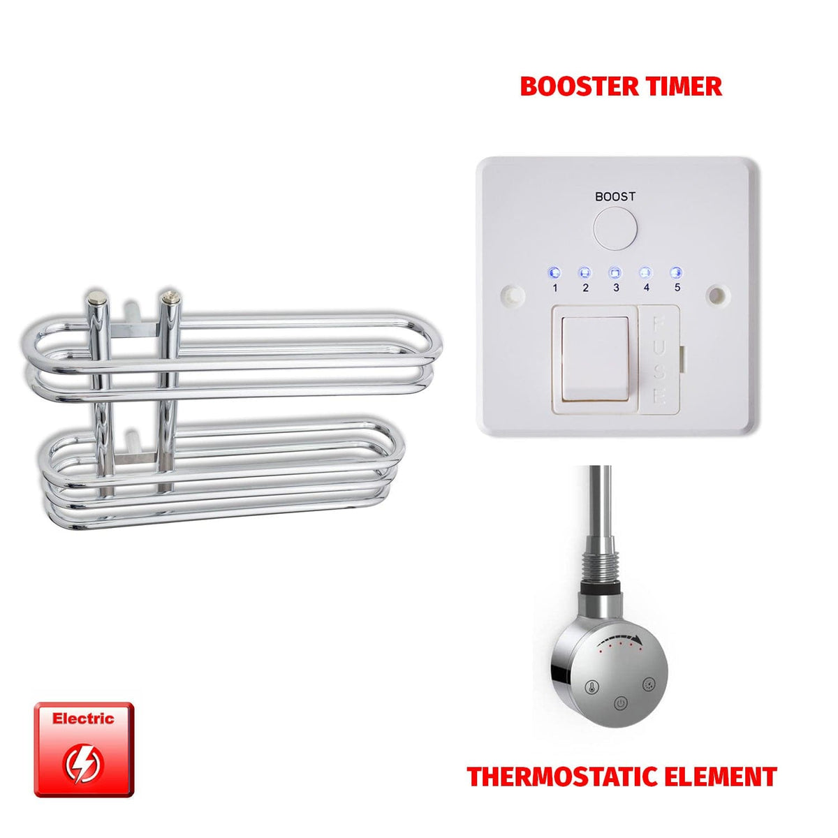 Thermostatic Element + Booster Timer Salina 600 x 400 Pre-Filled Electric Chrome Towel Radiator