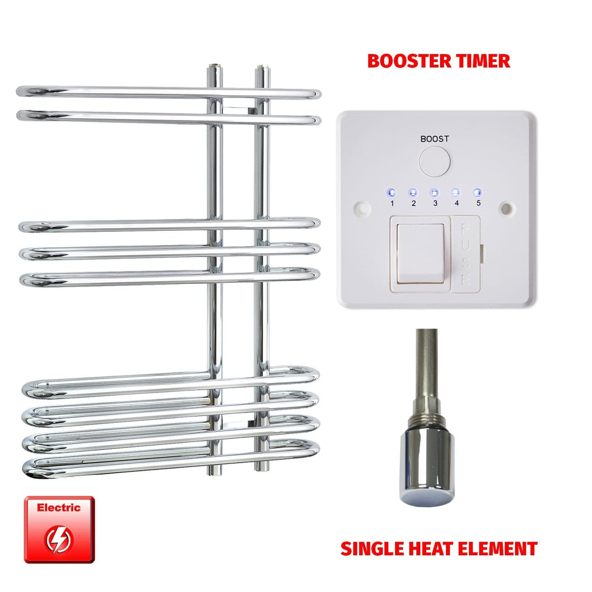 Single Heat Element + Booster Timer Salina Designer Pre-Filled Electric Chrome Towel Radiator