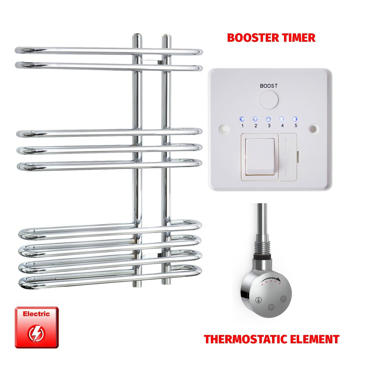 Thermostatic Element + Booster Timer Salina Designer Pre-Filled Electric Chrome Towel Radiator