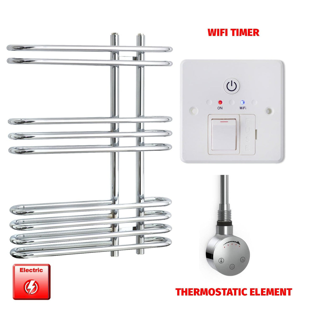 Thermostatic Element + Wifi Timer Salina Designer Pre-Filled Electric Chrome Towel Radiator