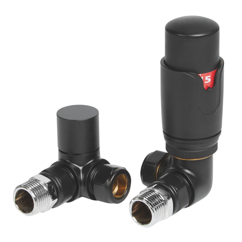 Black Corner Thermostatic Radiator Valve & Lockshield Set