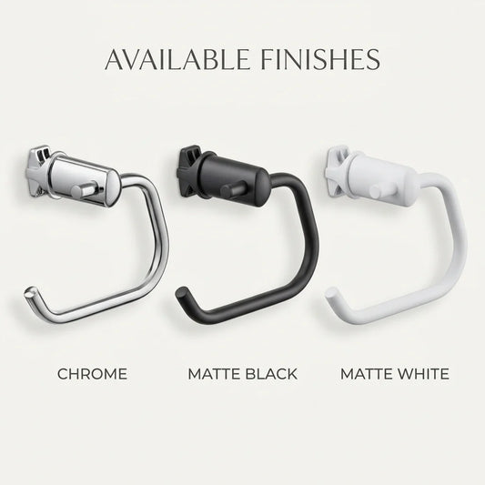 Clamp-on towel radiator toilet roll holder — Chrome, Black and White finishes