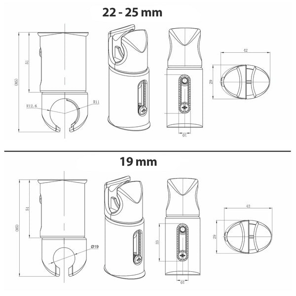 Universal chrome radiator wall brackets for 19mm to 25mm towel rails – durable mounting clamps for modern bathrooms.