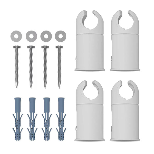 Clamp-style white brackets for heated towel rails, fits both flat and curved radiator designs.