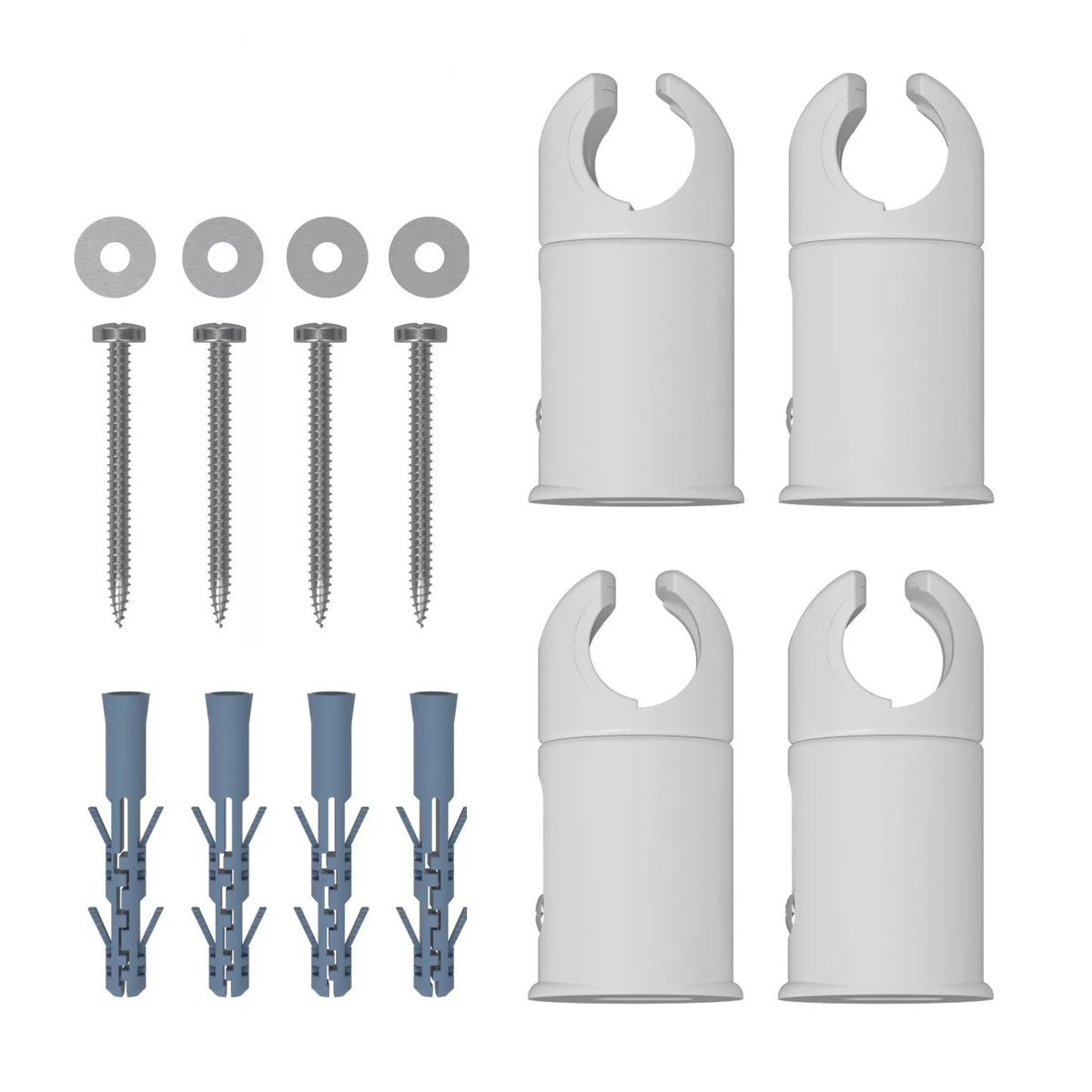 Clamp-style white brackets for heated towel rails, fits both flat and curved radiator designs.