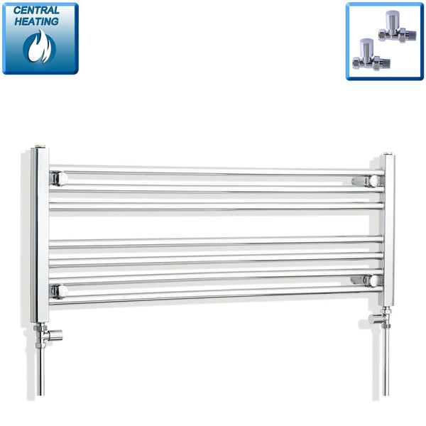 With Straight Valve 1000mm Wide 400mm High Flat Chrome Heated Towel Radiator