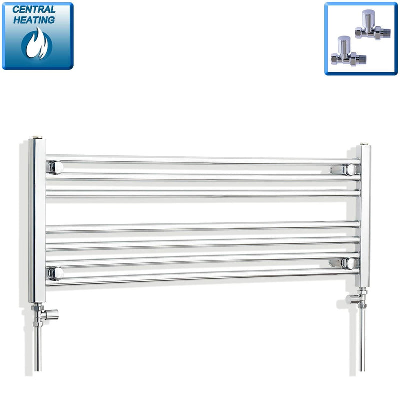 With Straight Valve 1000mm Wide 400mm High Flat Chrome Heated Towel Radiator