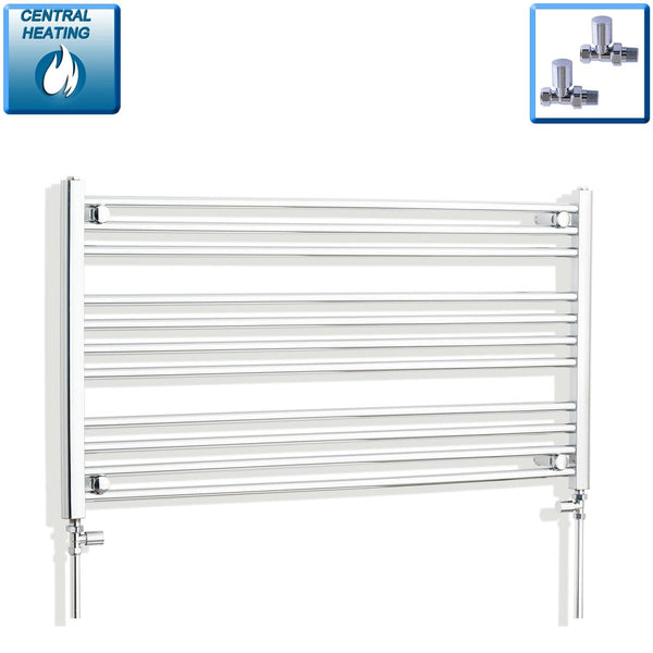With Straight Valve 1100mm Wide 600mm High Flat Chrome Heated Towel Radiator