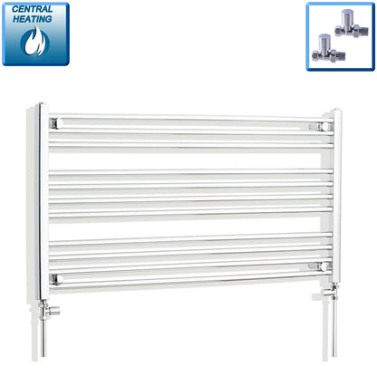 With Straight Valve 1100mm Wide 600mm High Flat Chrome Heated Towel Radiator