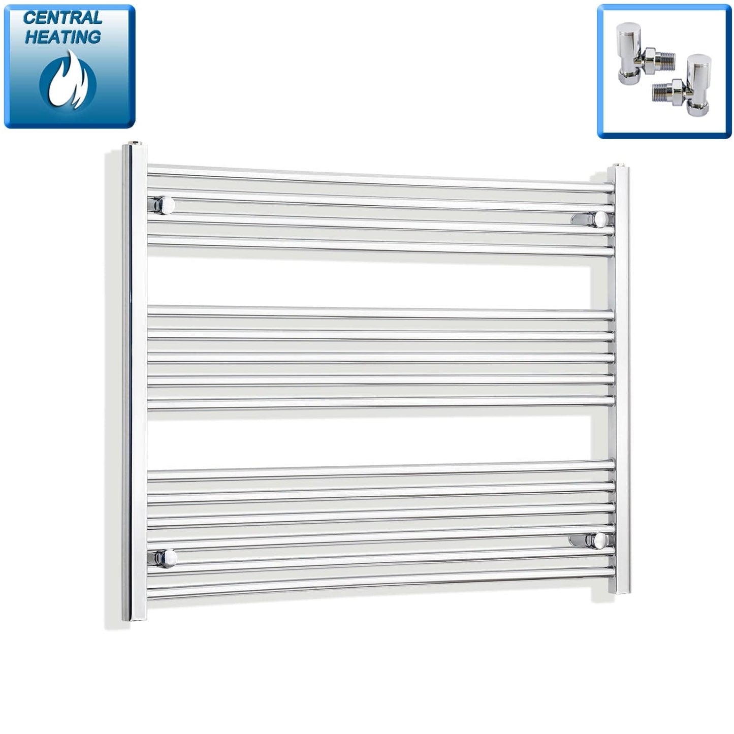 With Angled Valve 1100mm Wide 800mm High Flat Chrome Heated Towel Radiator