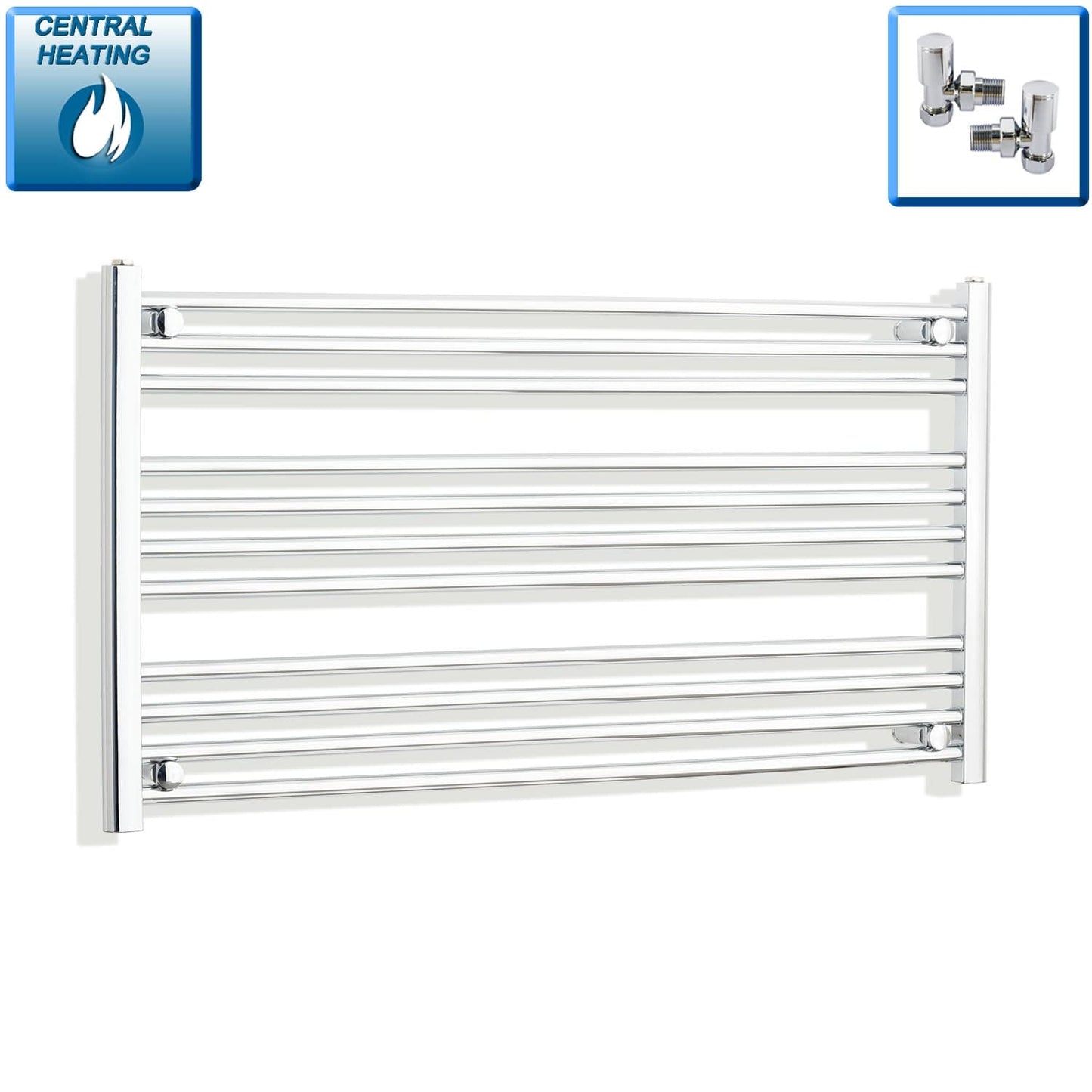 With Angled Valve 1200mm Wide 600mm High Flat Chrome Heated Towel Rail HTR