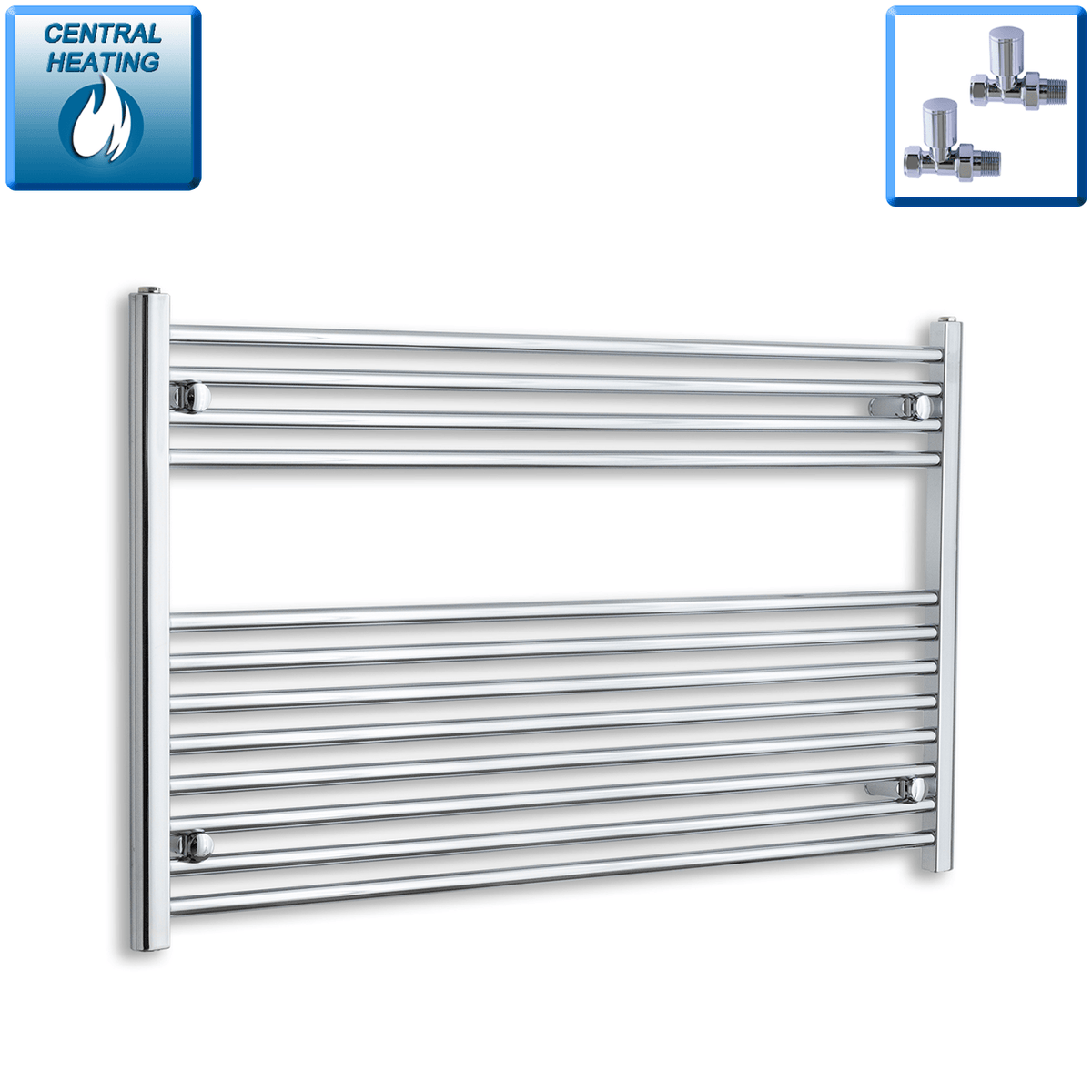 With Straight Valve 1200mm Wide 700mm High Flat Chrome Heated Towel Radiator