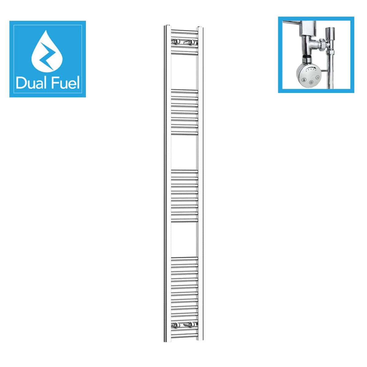 250 x 1800 Chrome Dual Fuel Flat Heated Towel Rail