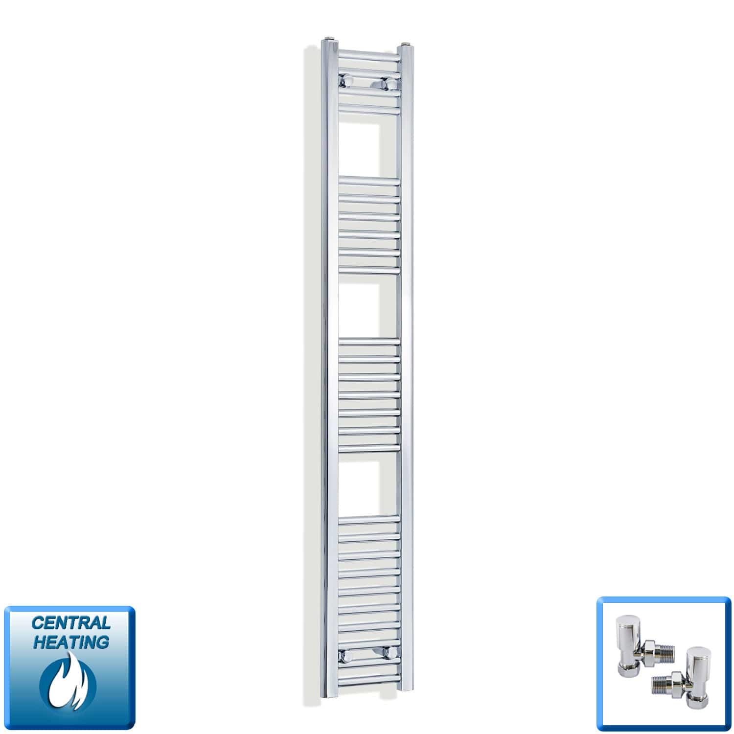 With Angled Valve 250mm Wide 1600mm High Flat Chrome Heated Towel Radiator